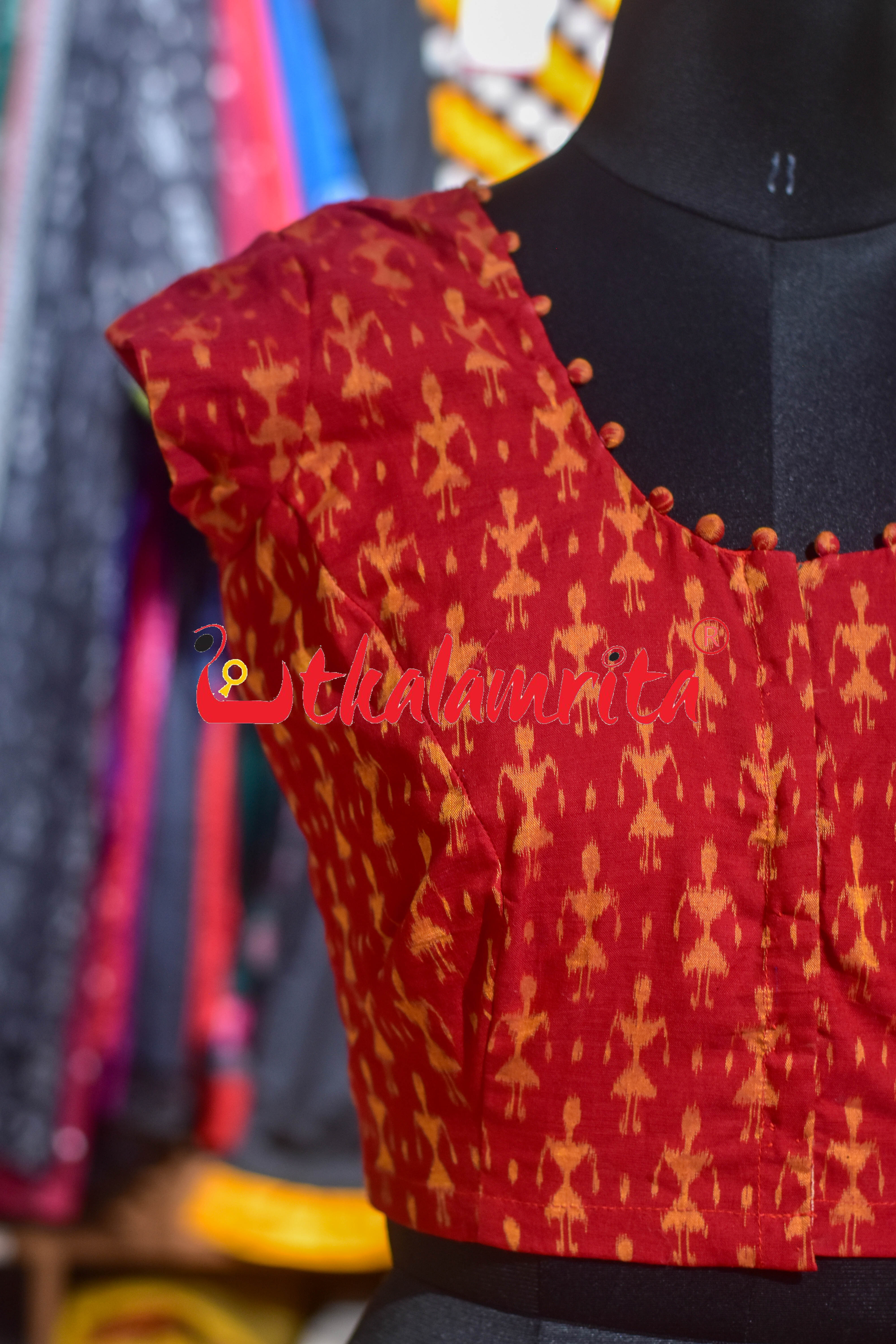 Red Golden Tribals Potli Neck Design (Blouse)