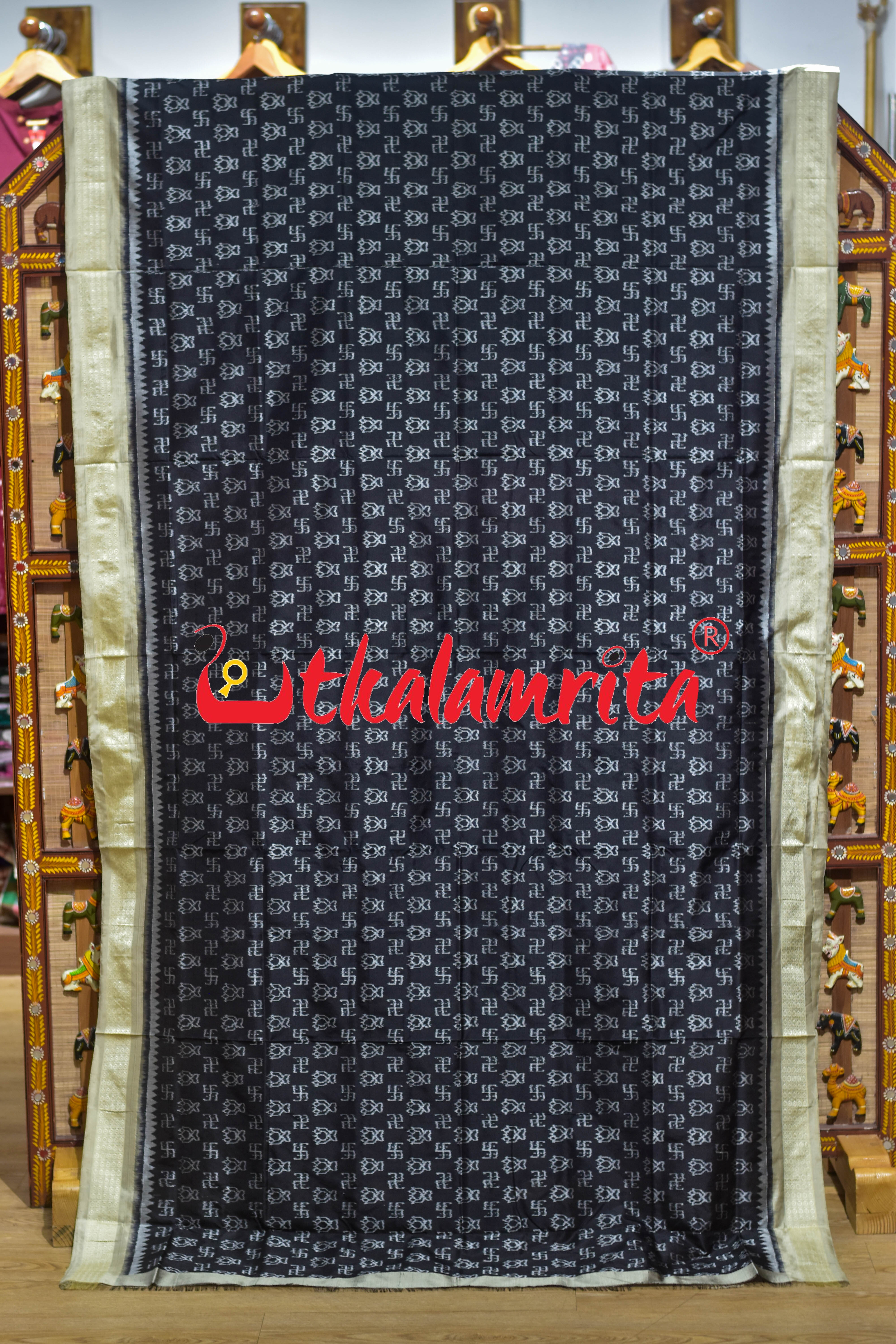 Black Cream Swastik Bandha Sambalpuri Silk Saree