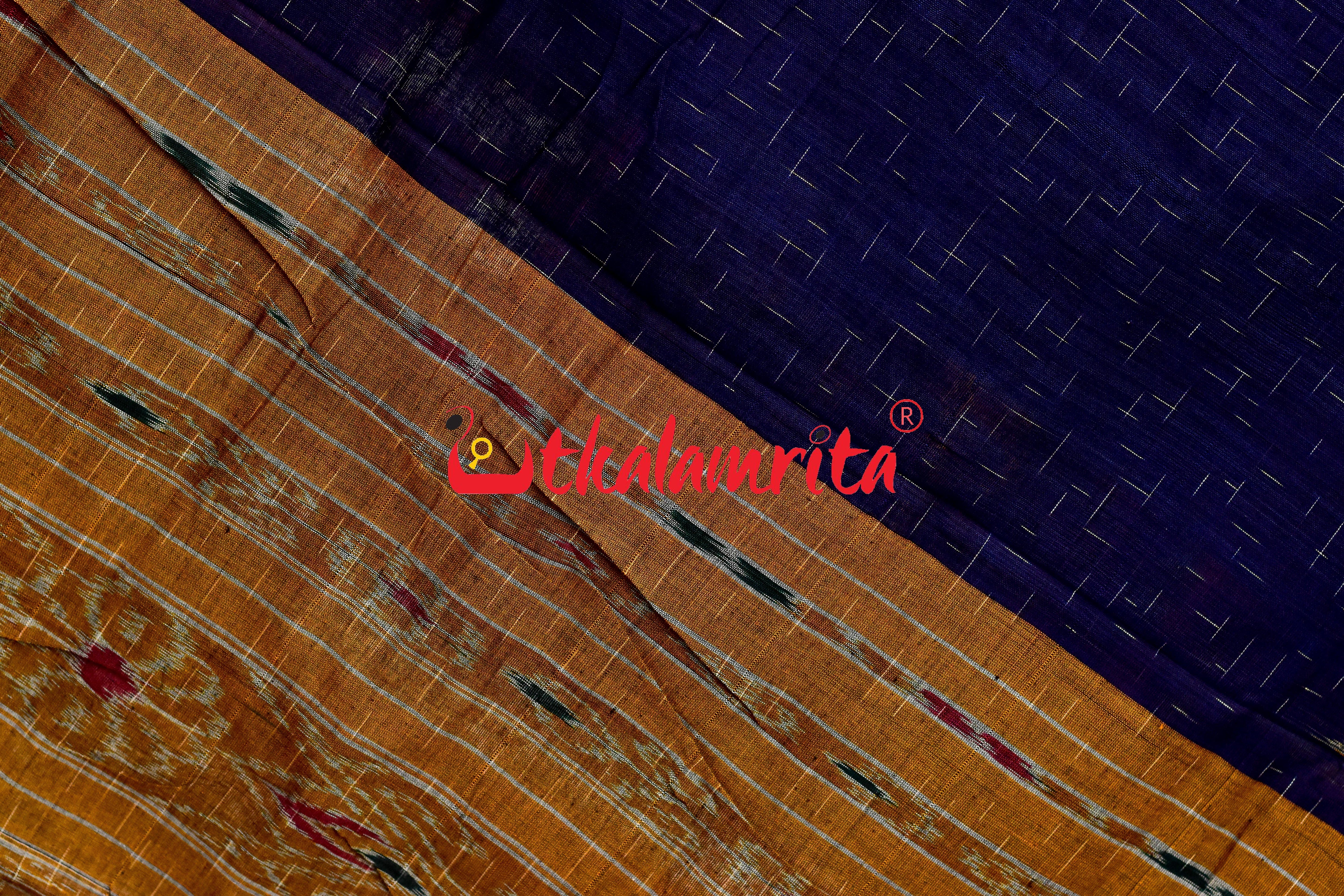 Navy Blue Yellow Jharana Khandua Cotton Saree