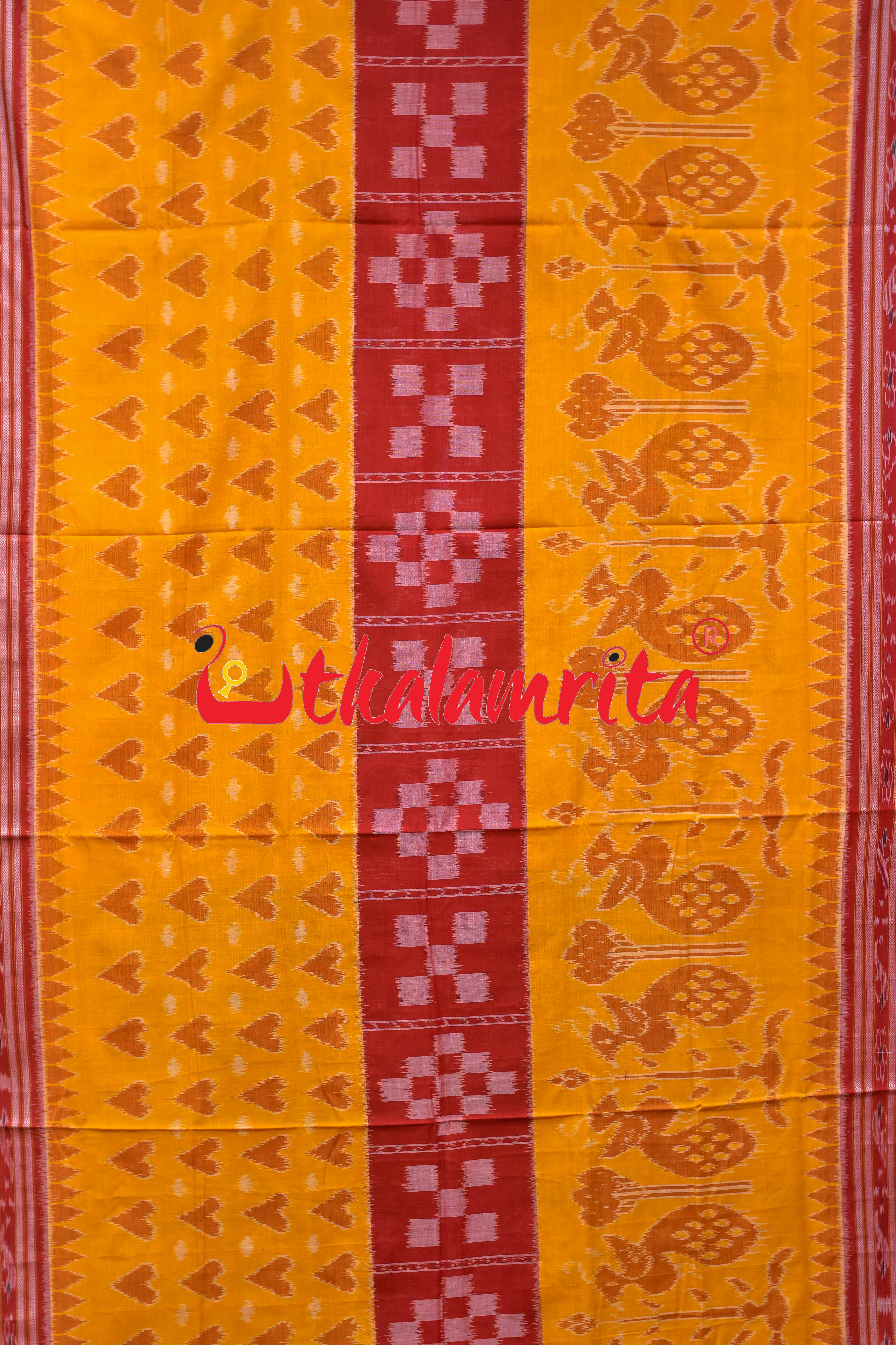 Yellow Kulfi Design Double Border Khandua Cotton Saree