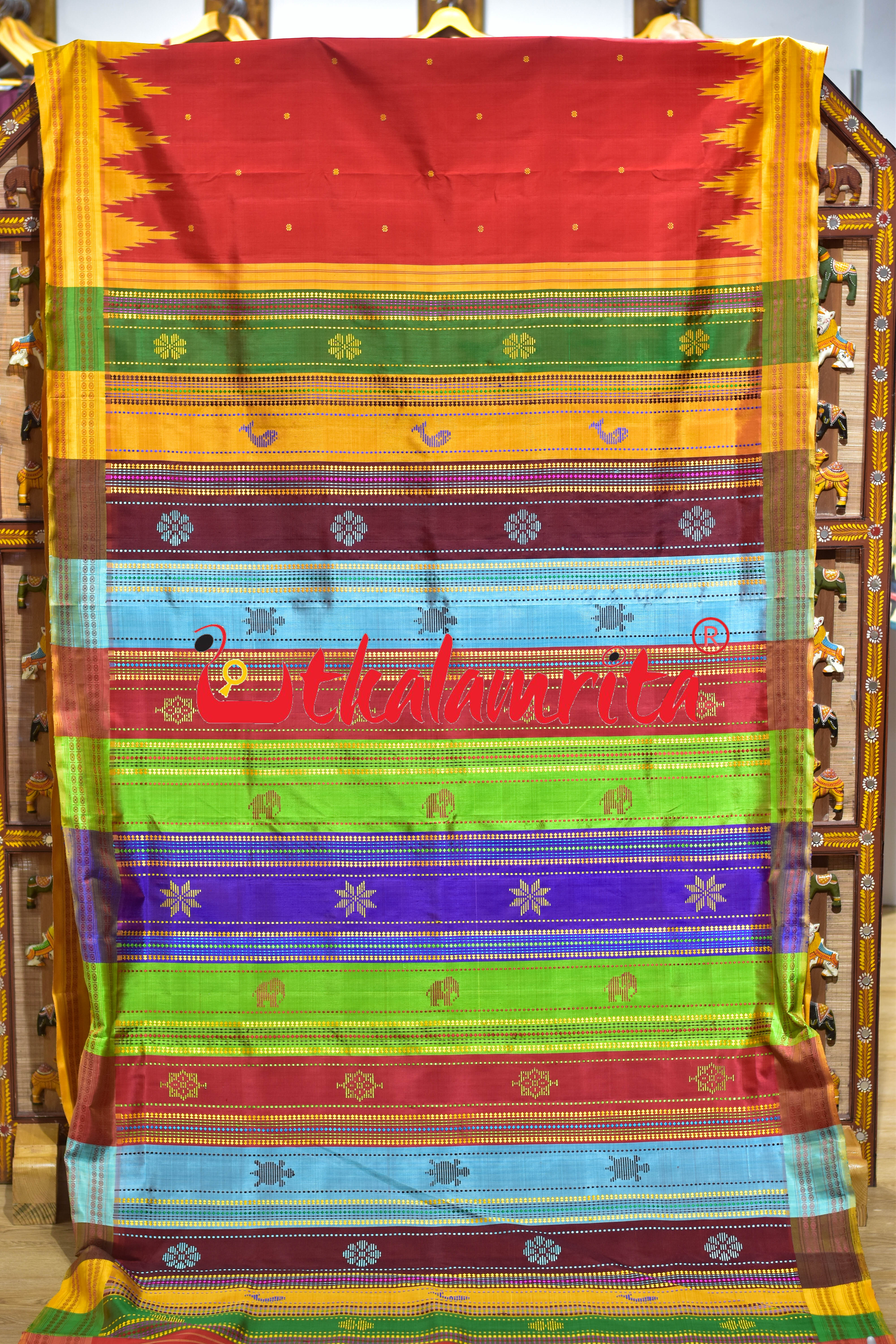 Red Yellow Kumbha Double Anchal Berhampuri Silk Saree