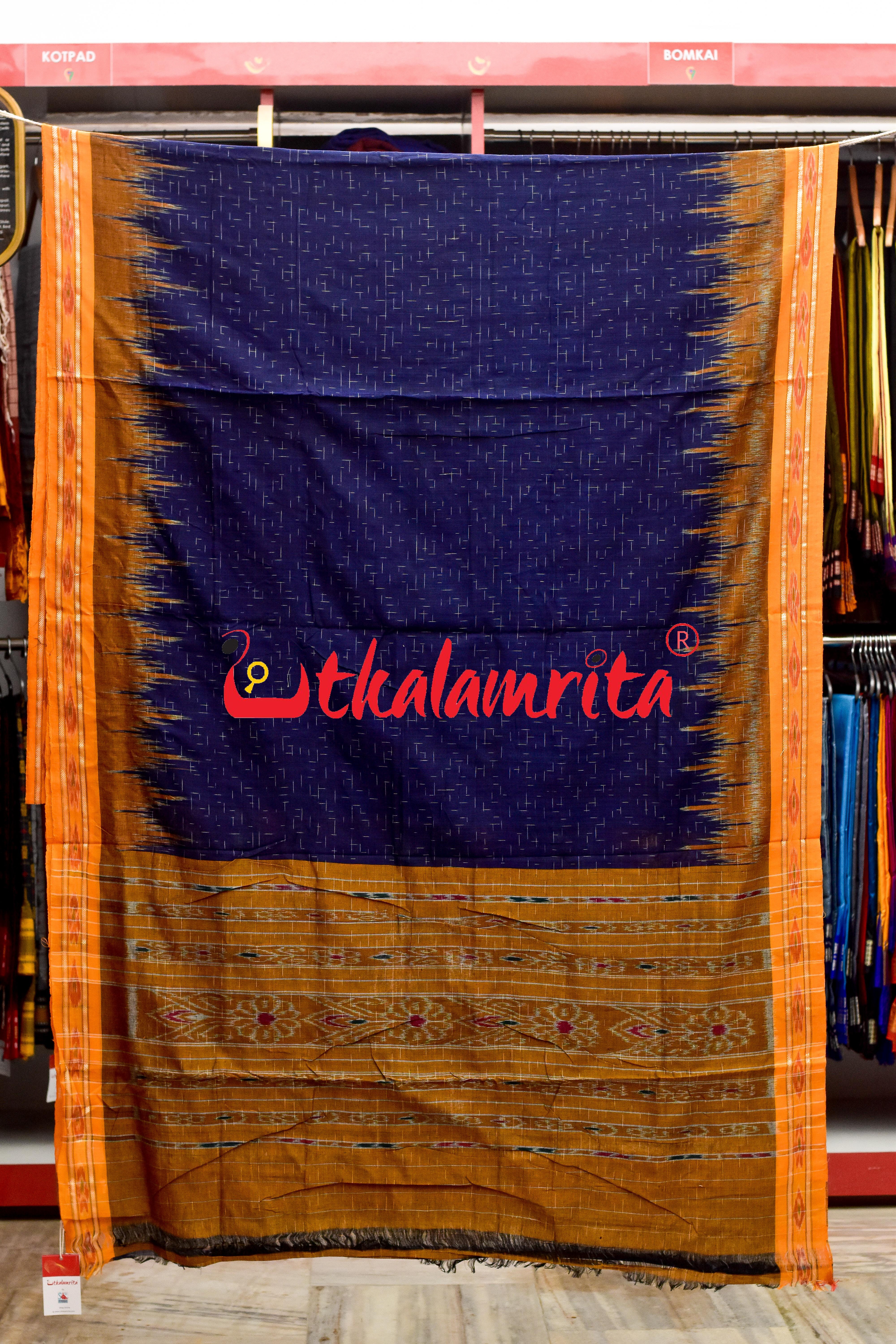Navy Blue Yellow Jharana Khandua Cotton Saree
