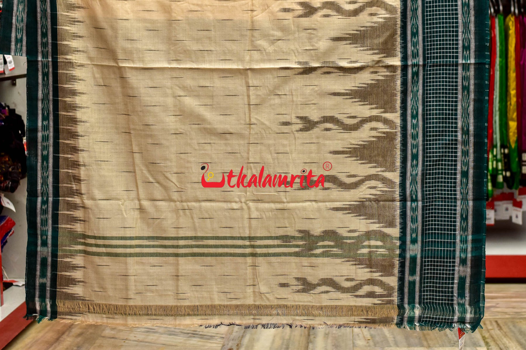 Off White Green Check Daali Scot Khandua Cotton Saree