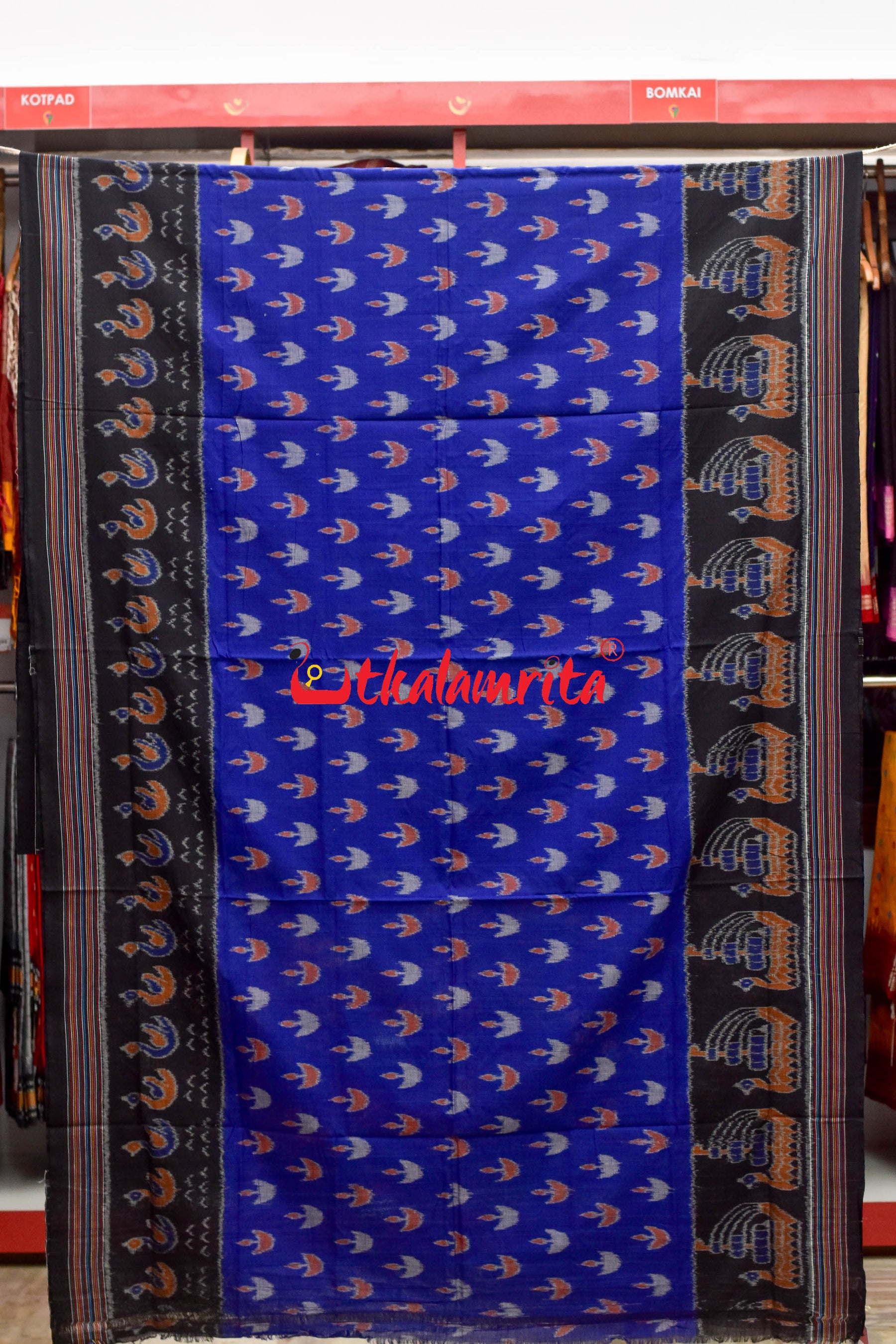 Deep Blue Boita & Ducks Khandua Cotton Saree