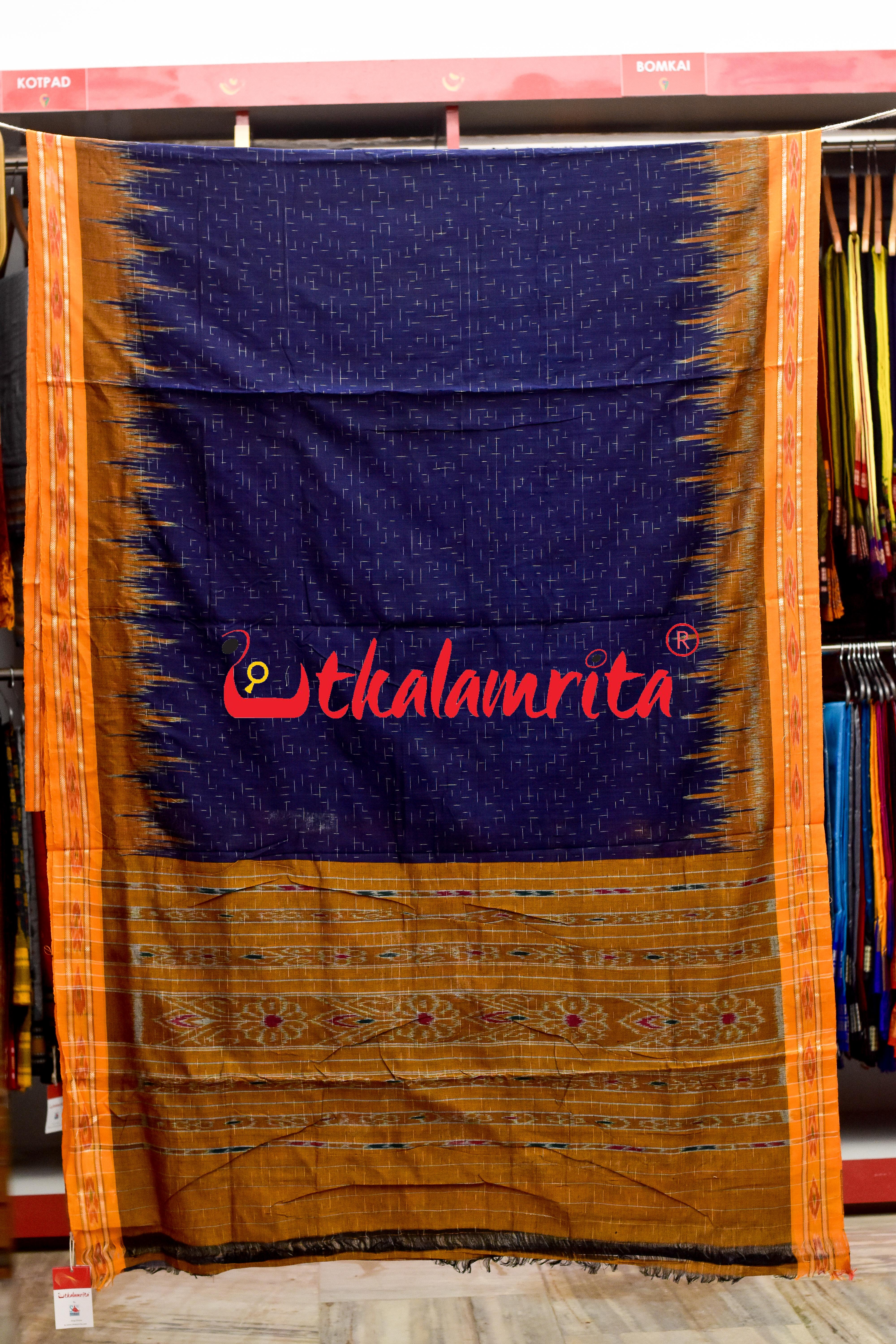 Navy Blue Yellow Jharana Khandua Cotton Saree