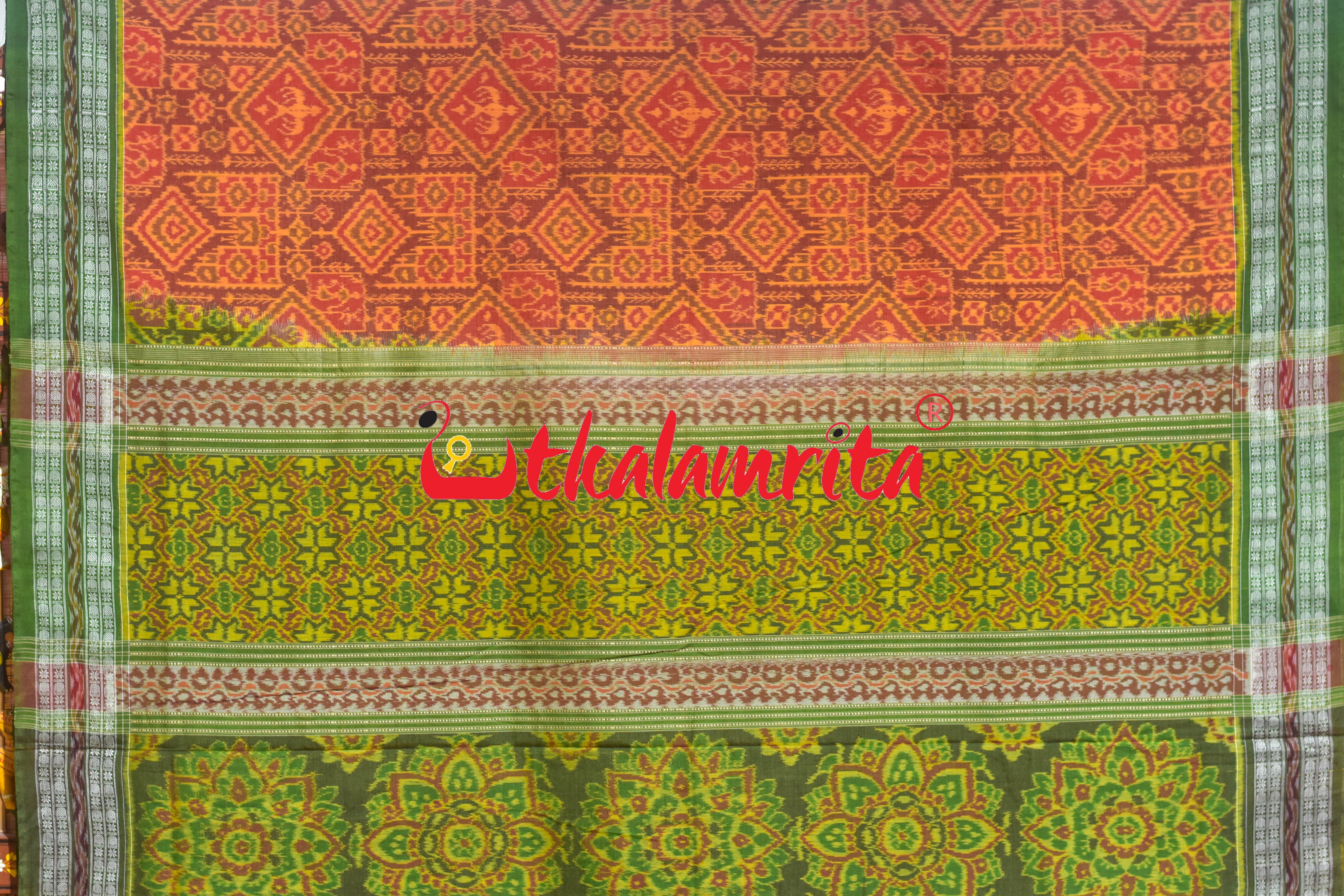 Rust Green Tribal Thikiri Sambalpuri Cotton Saree