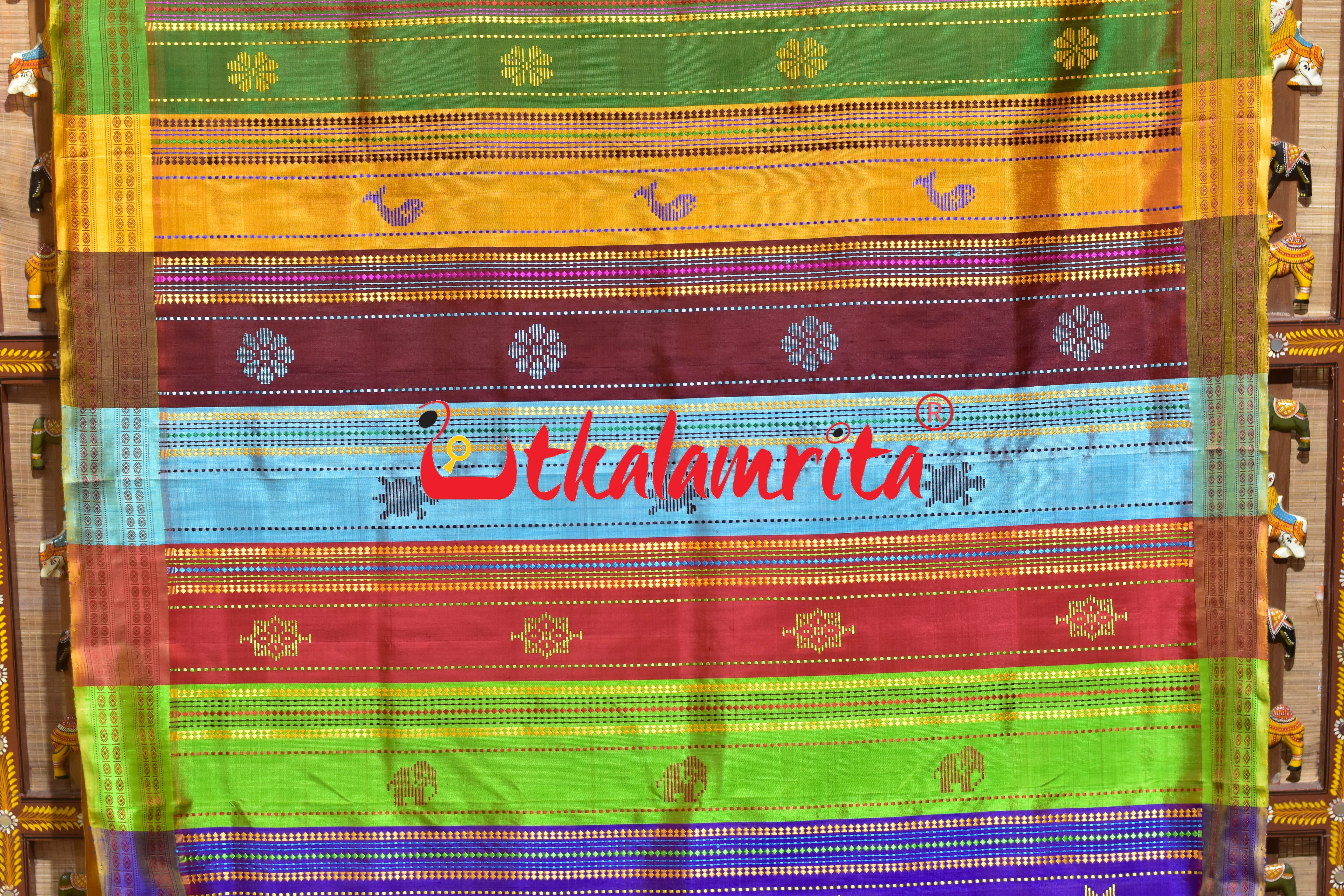 Red Yellow Kumbha Double Anchal Berhampuri Silk Saree