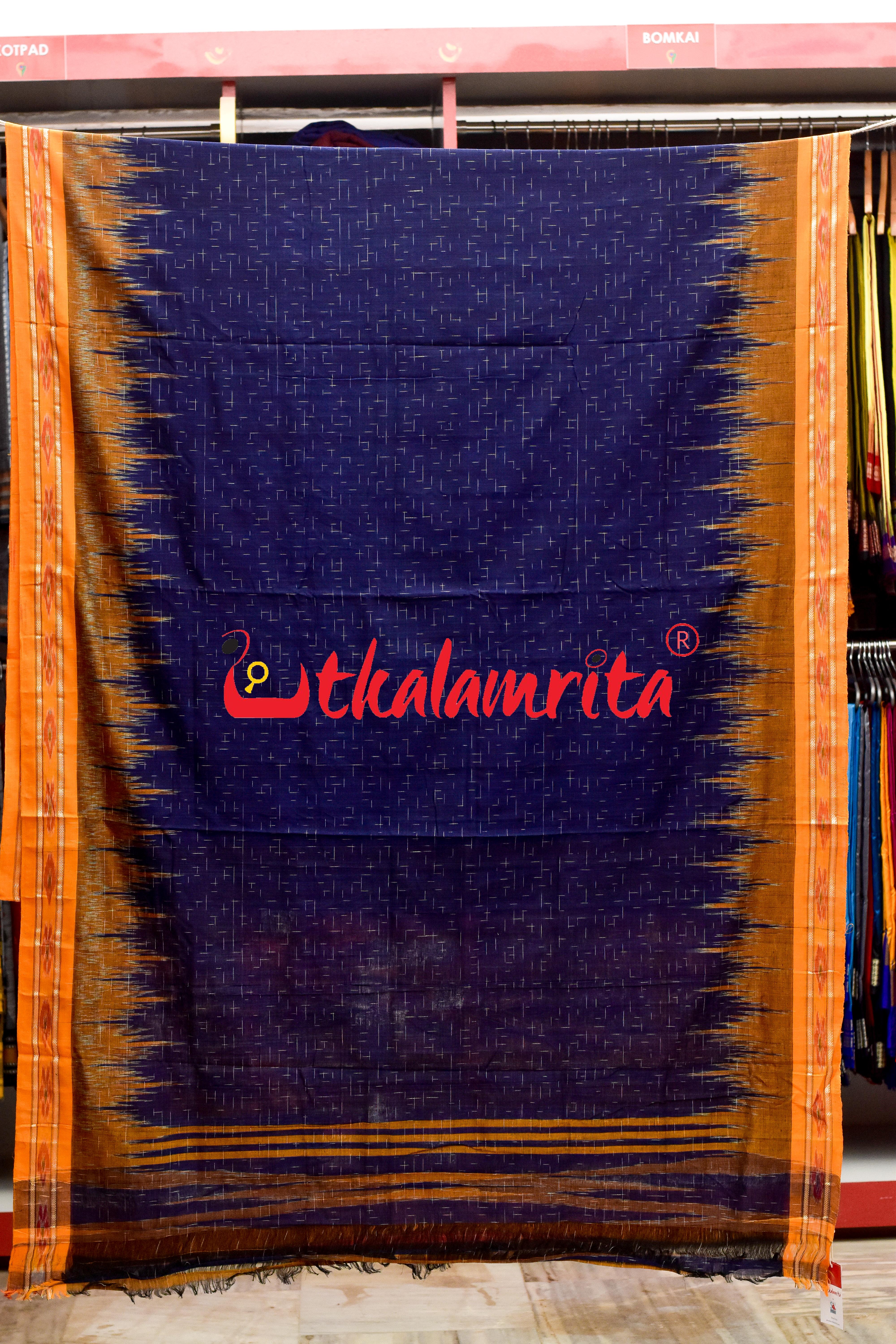 Navy Blue Yellow Jharana Khandua Cotton Saree