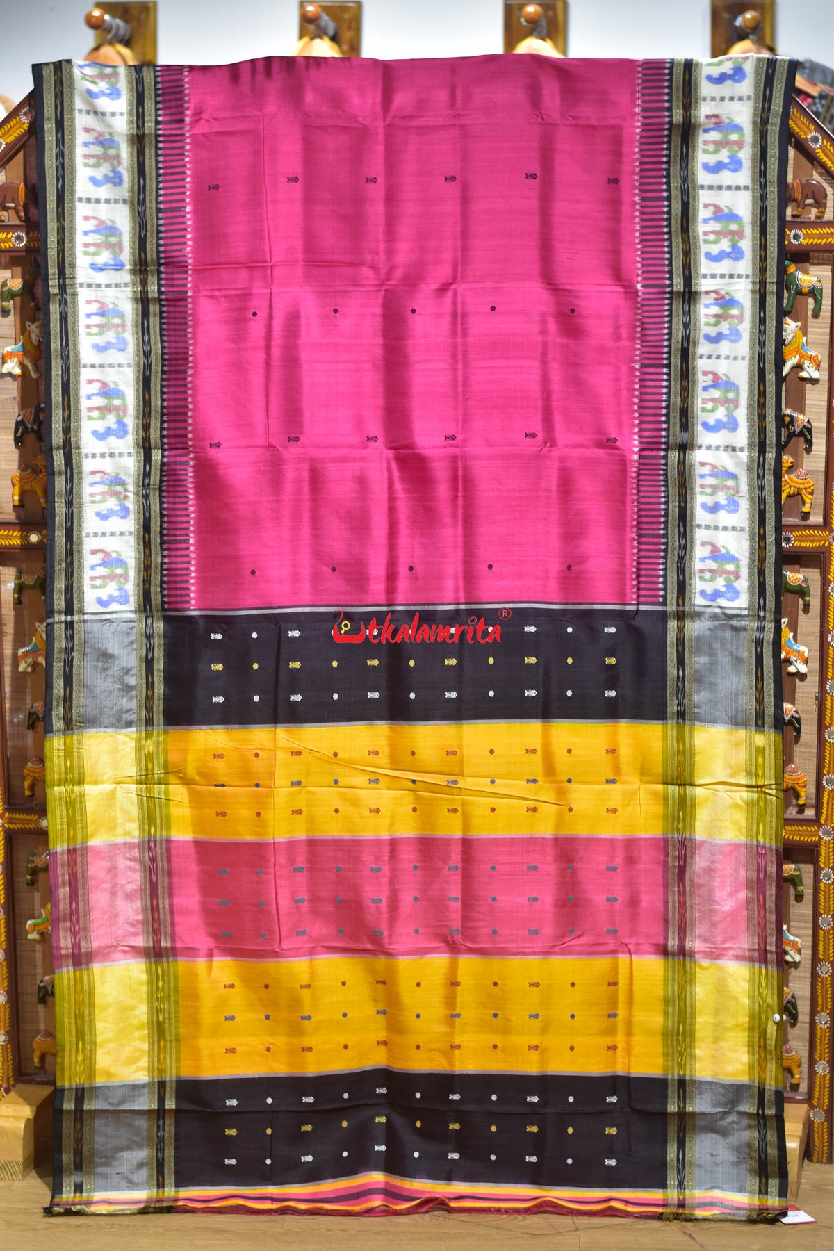 Pink Fish Buti Elephant Border Kathifera Silk Saree