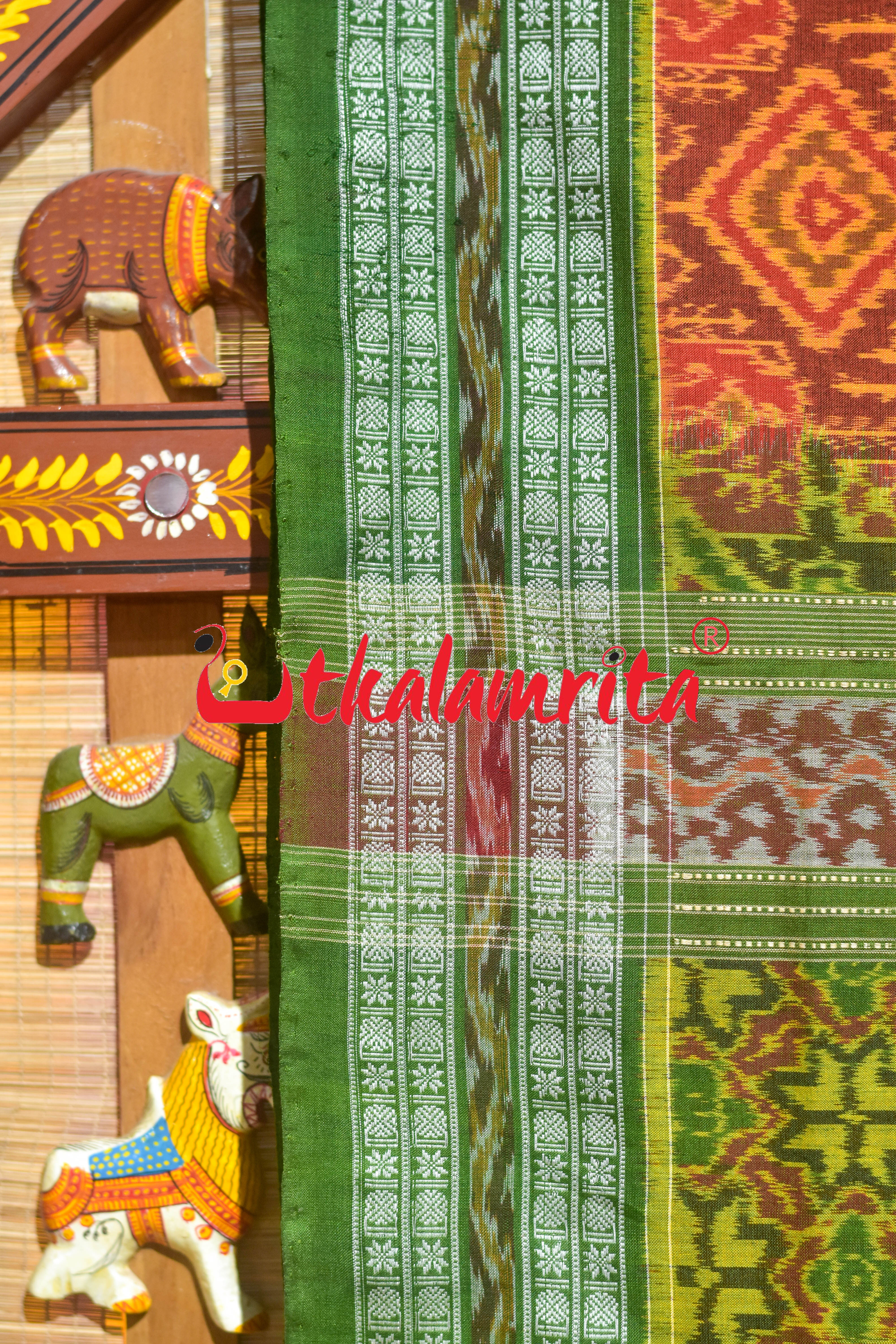 Rust Green Tribal Thikiri Sambalpuri Cotton Saree