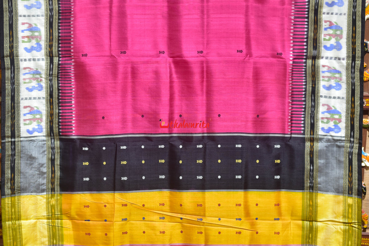 Pink Fish Buti Elephant Border Kathifera Silk Saree
