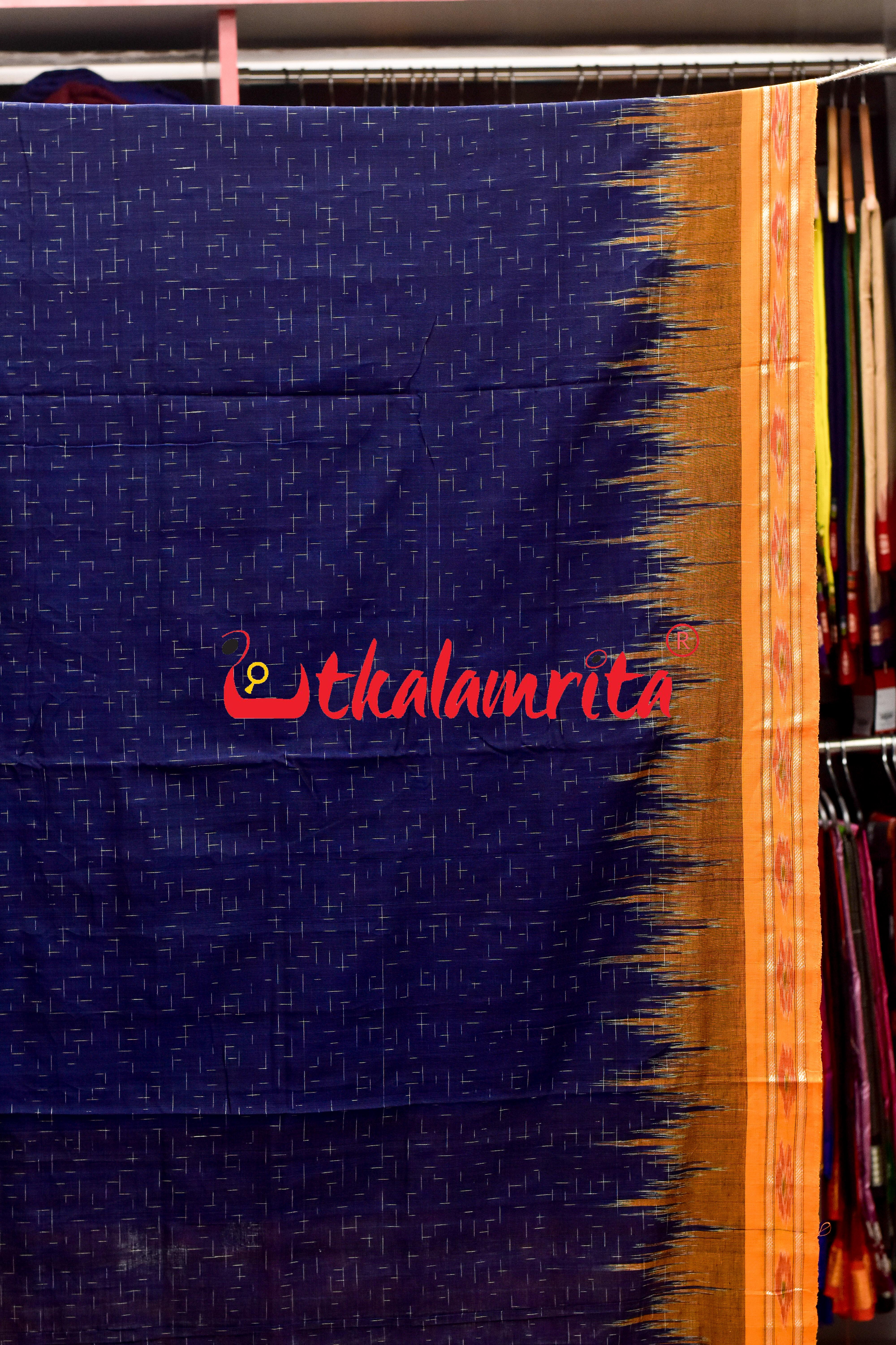 Navy Blue Yellow Jharana Khandua Cotton Saree