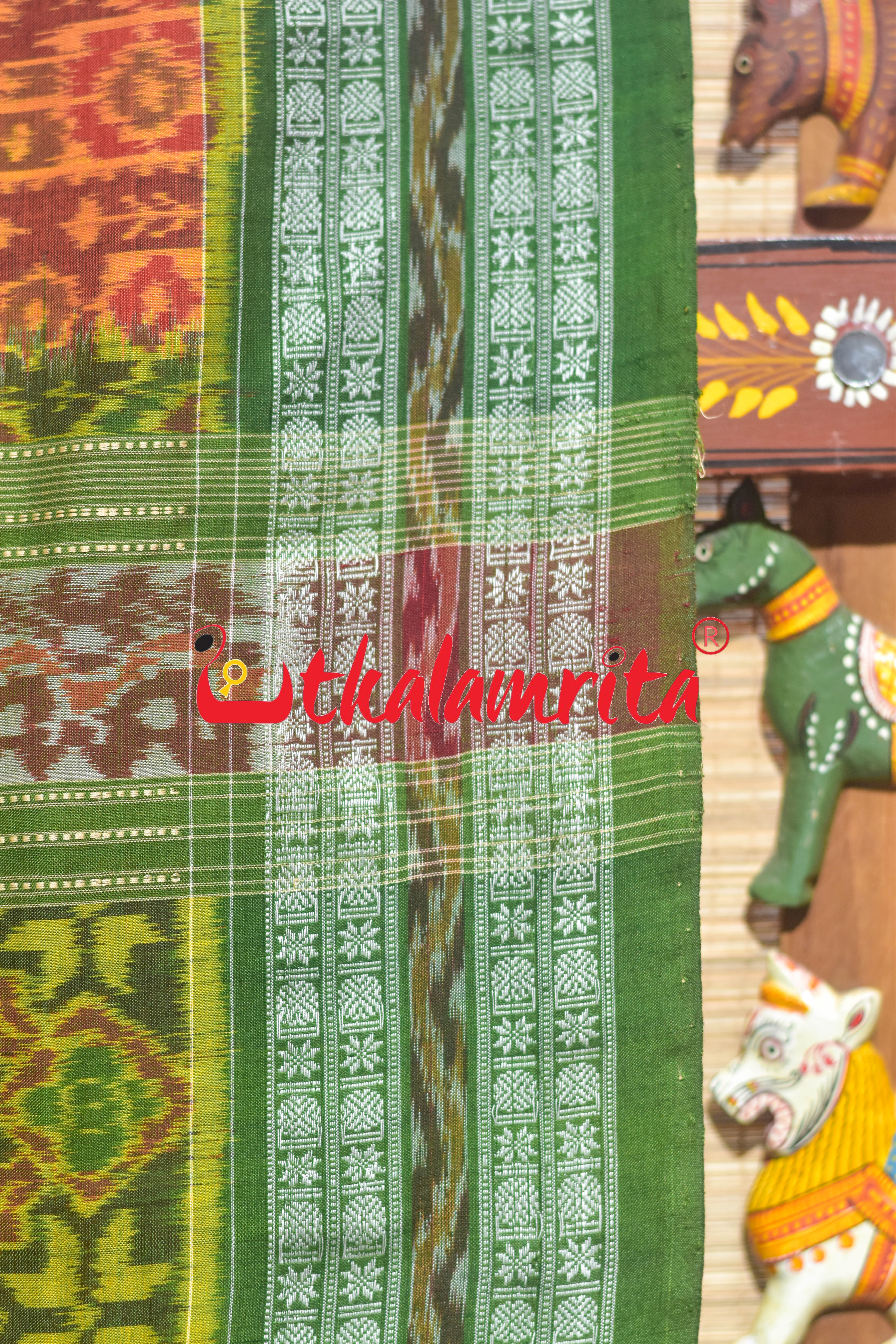 Rust Green Tribal Thikiri Sambalpuri Cotton Saree