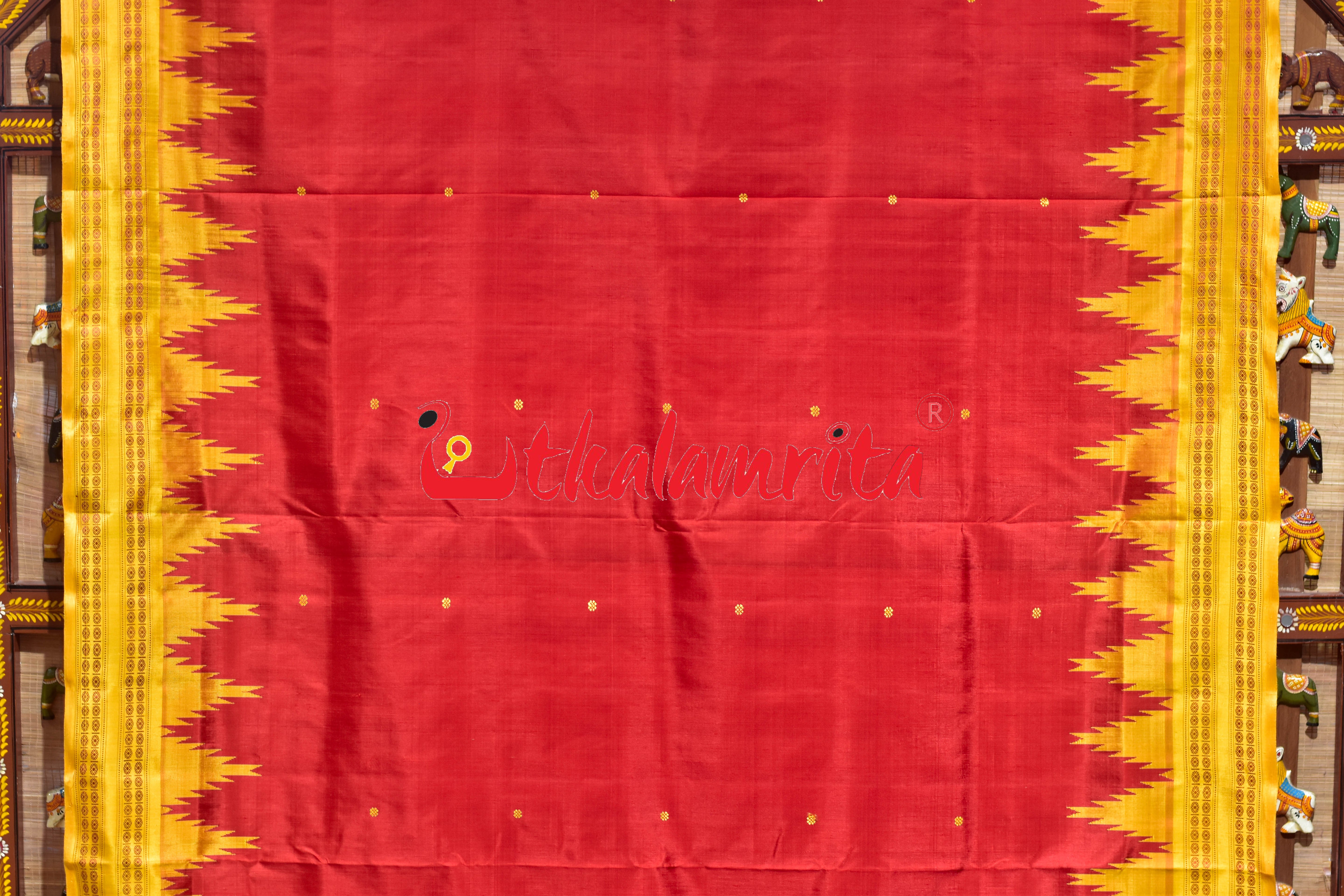 Red Yellow Kumbha Double Anchal Berhampuri Silk Saree