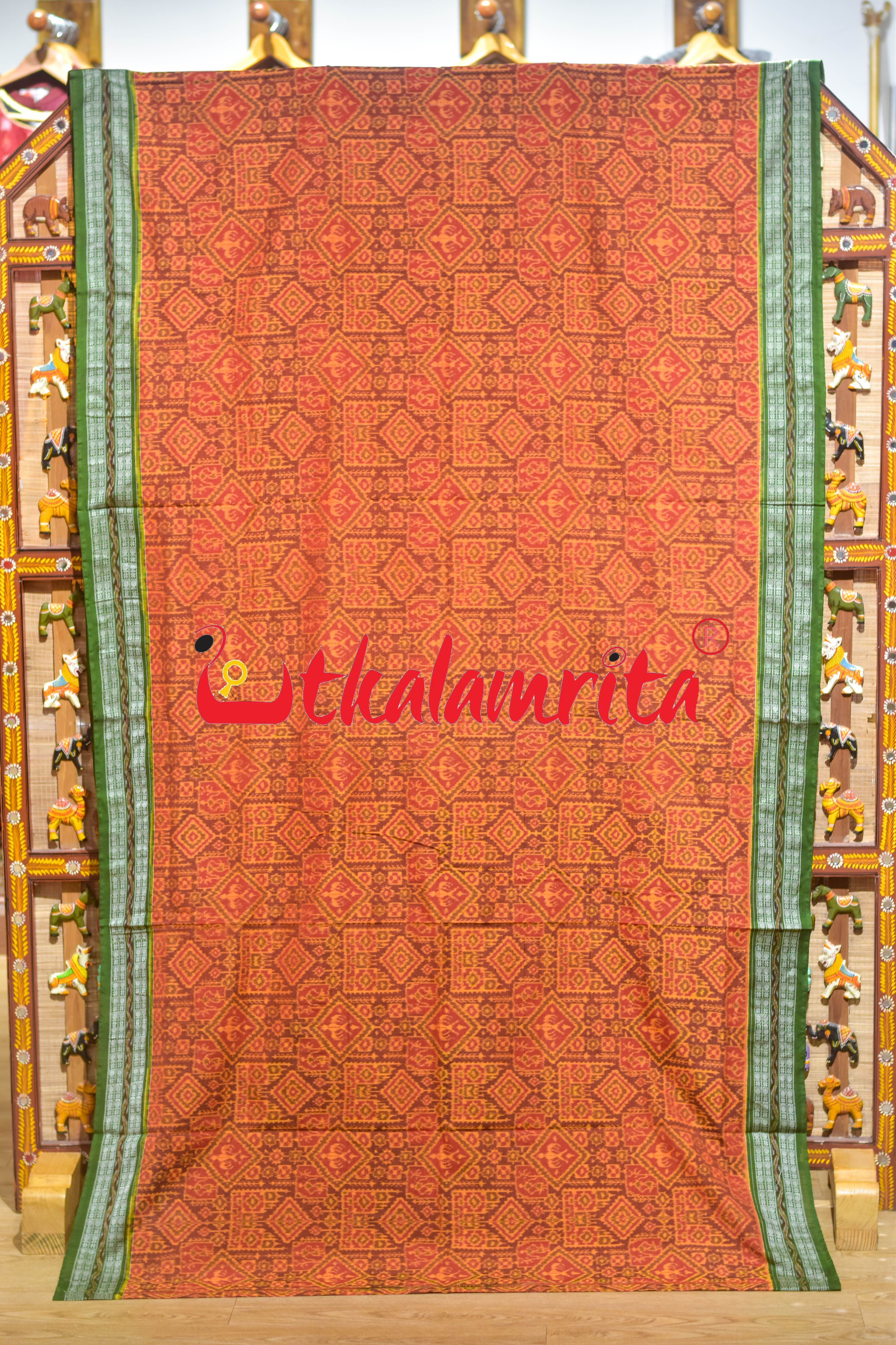 Rust Green Tribal Thikiri Sambalpuri Cotton Saree