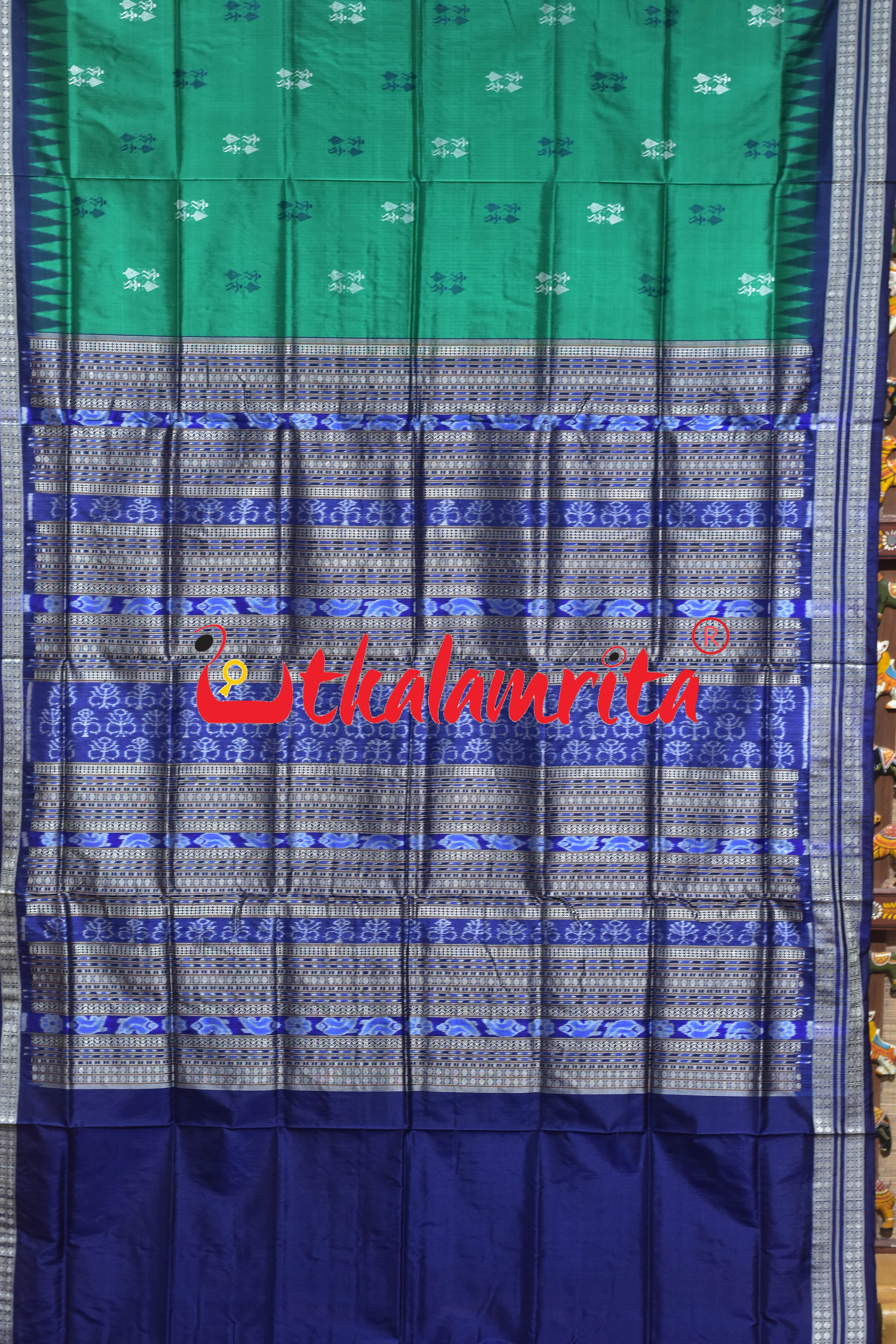 Green Blue Tribal Theme Bomkai Silk Saree