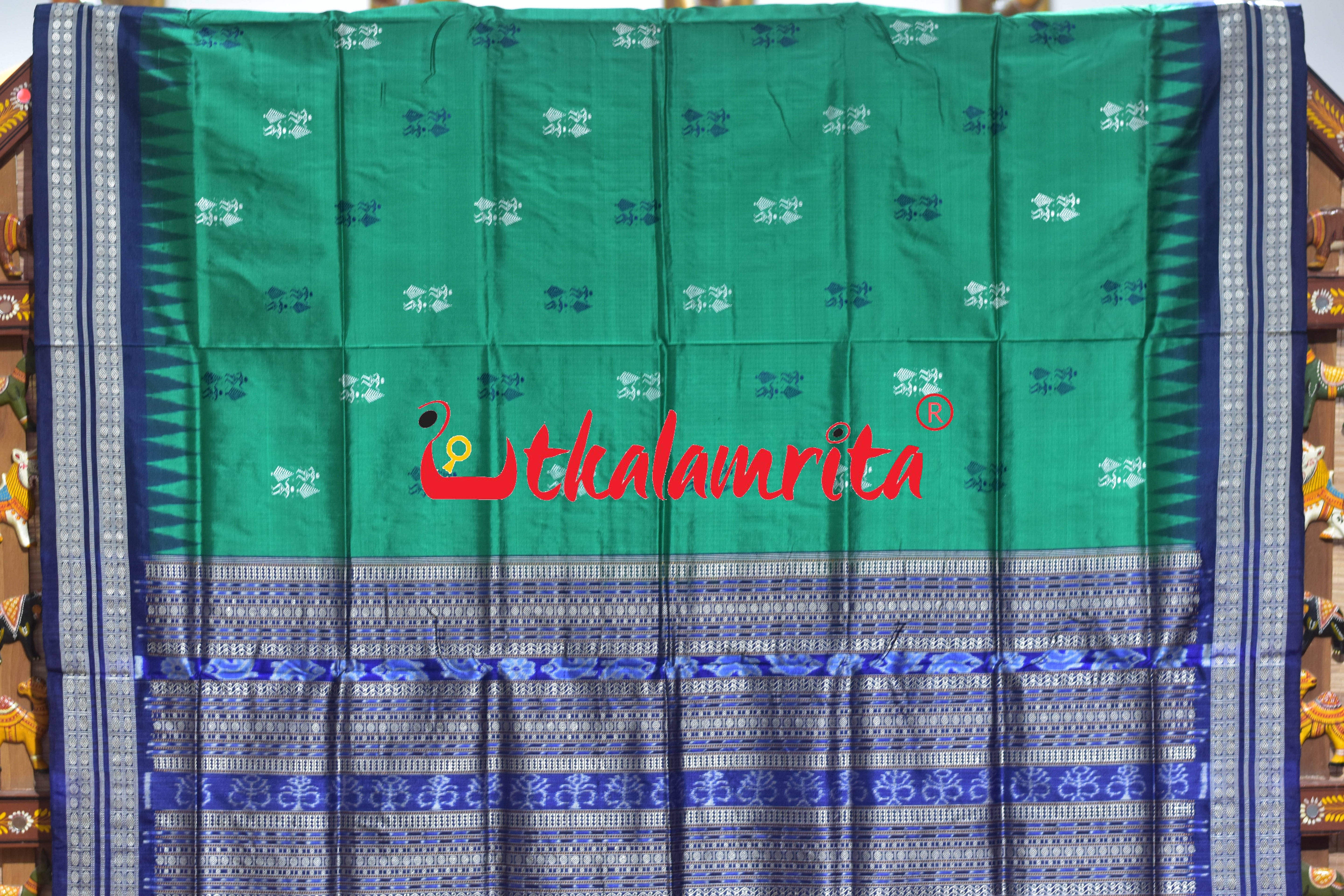 Green Blue Tribal Theme Bomkai Silk Saree