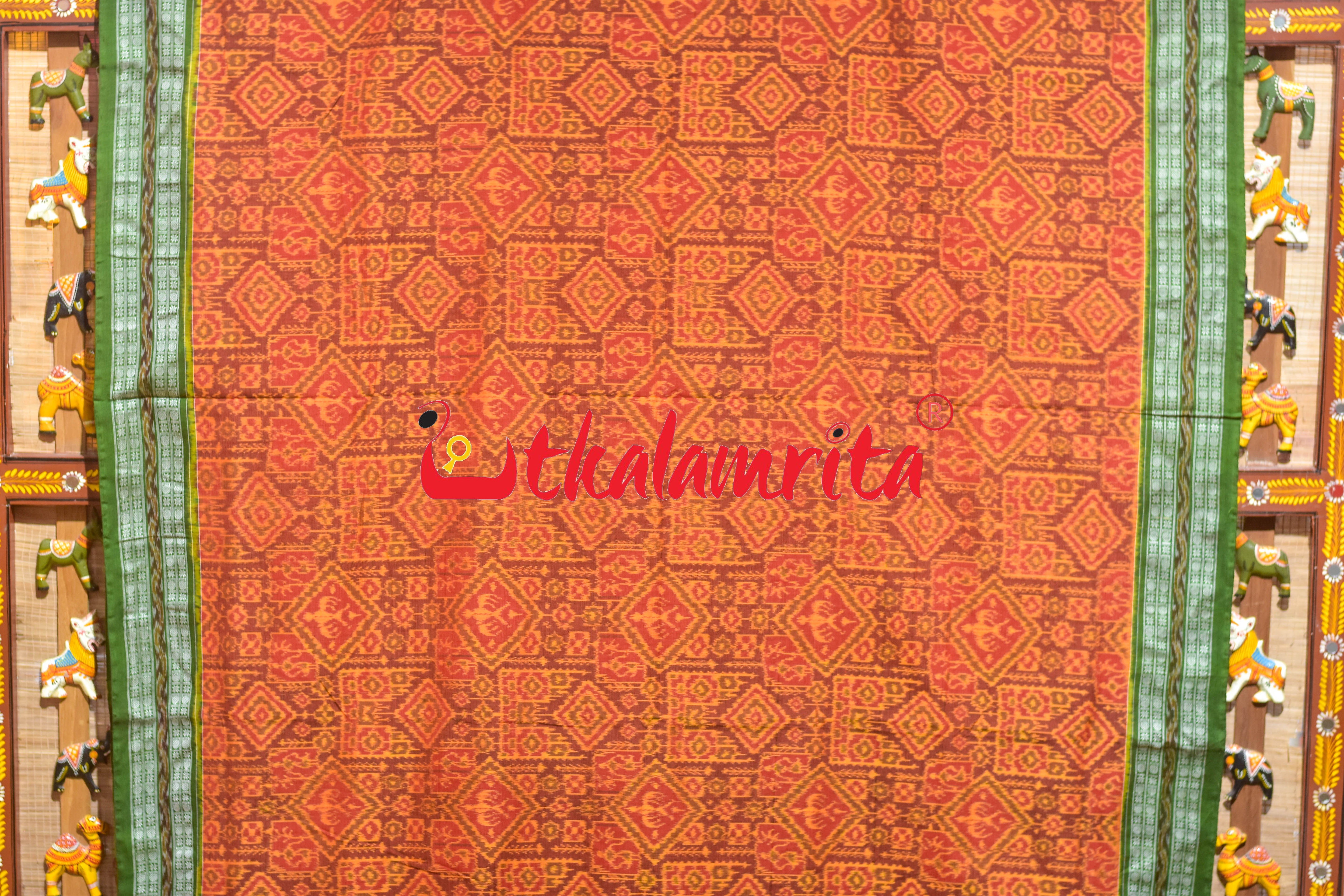 Rust Green Tribal Thikiri Sambalpuri Cotton Saree