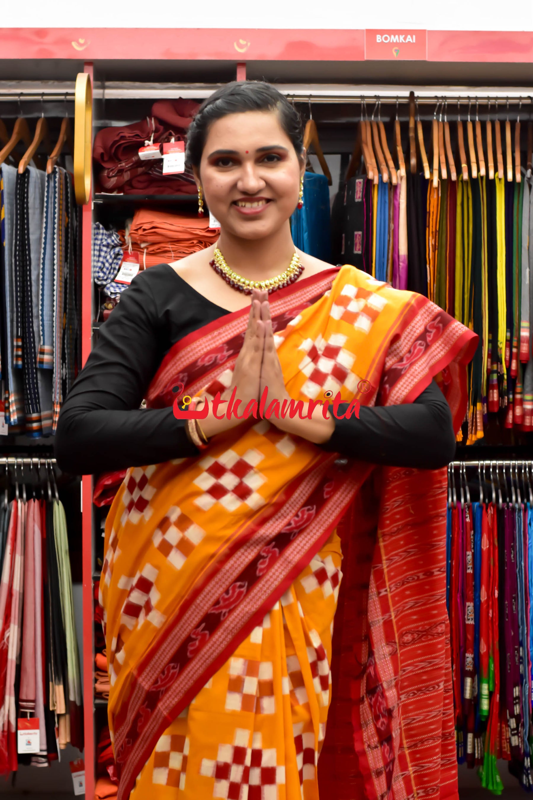 Yellow Red 7 Kuthi Pasapali Cotton Saree
