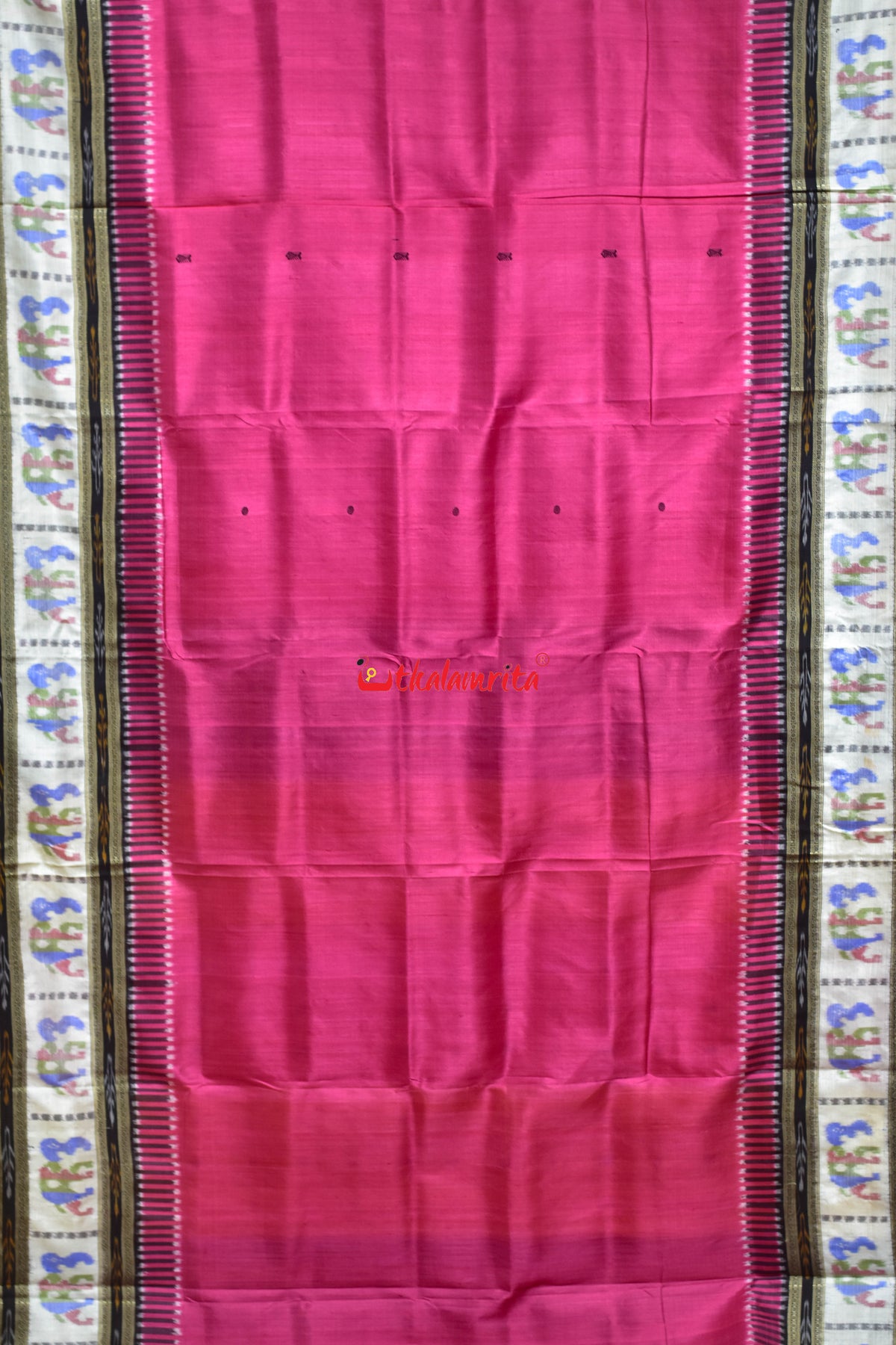 Pink Fish Buti Elephant Border Kathifera Silk Saree