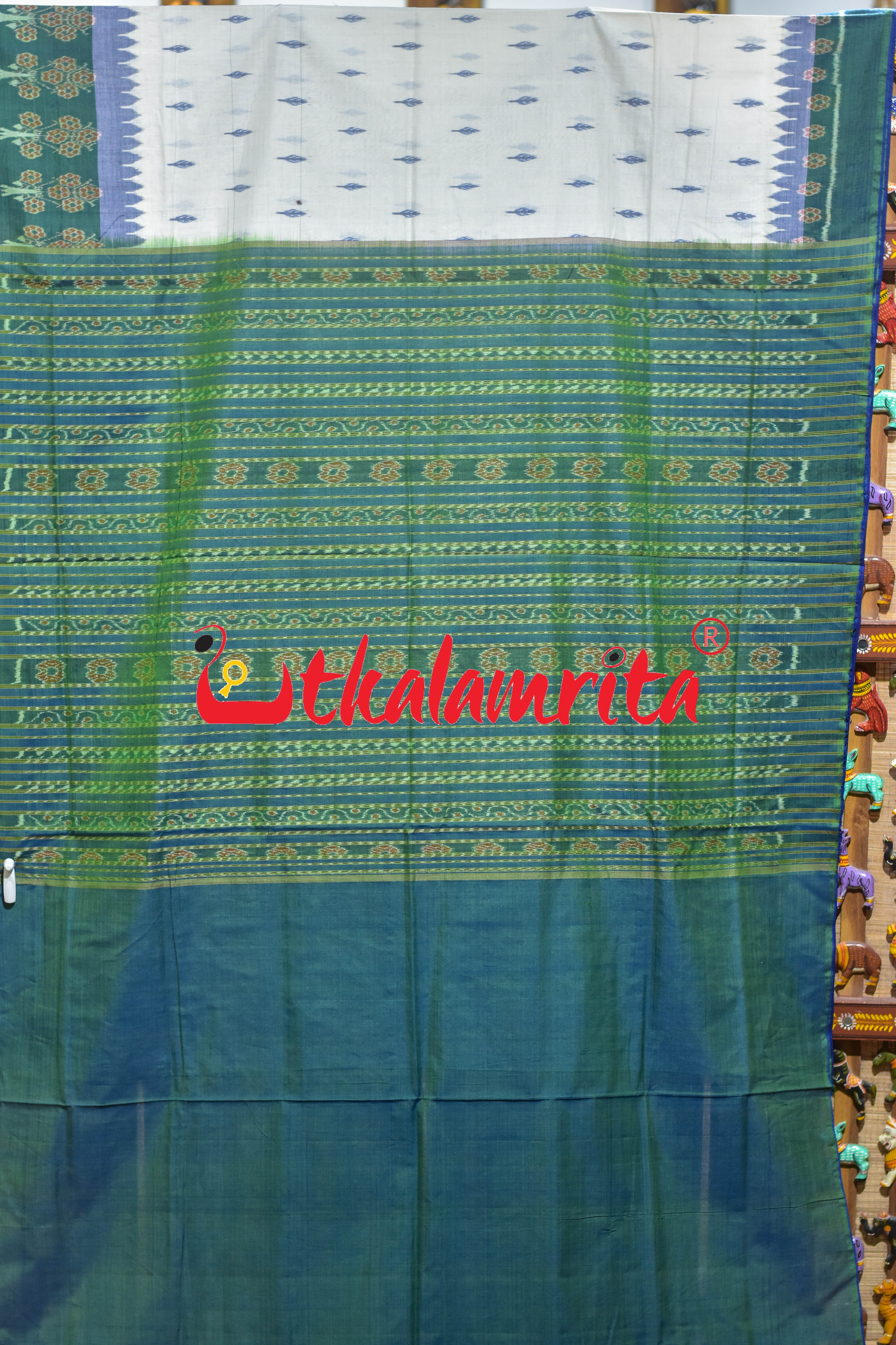 Blue Ferns over White Sambalpuri Cotton Saree