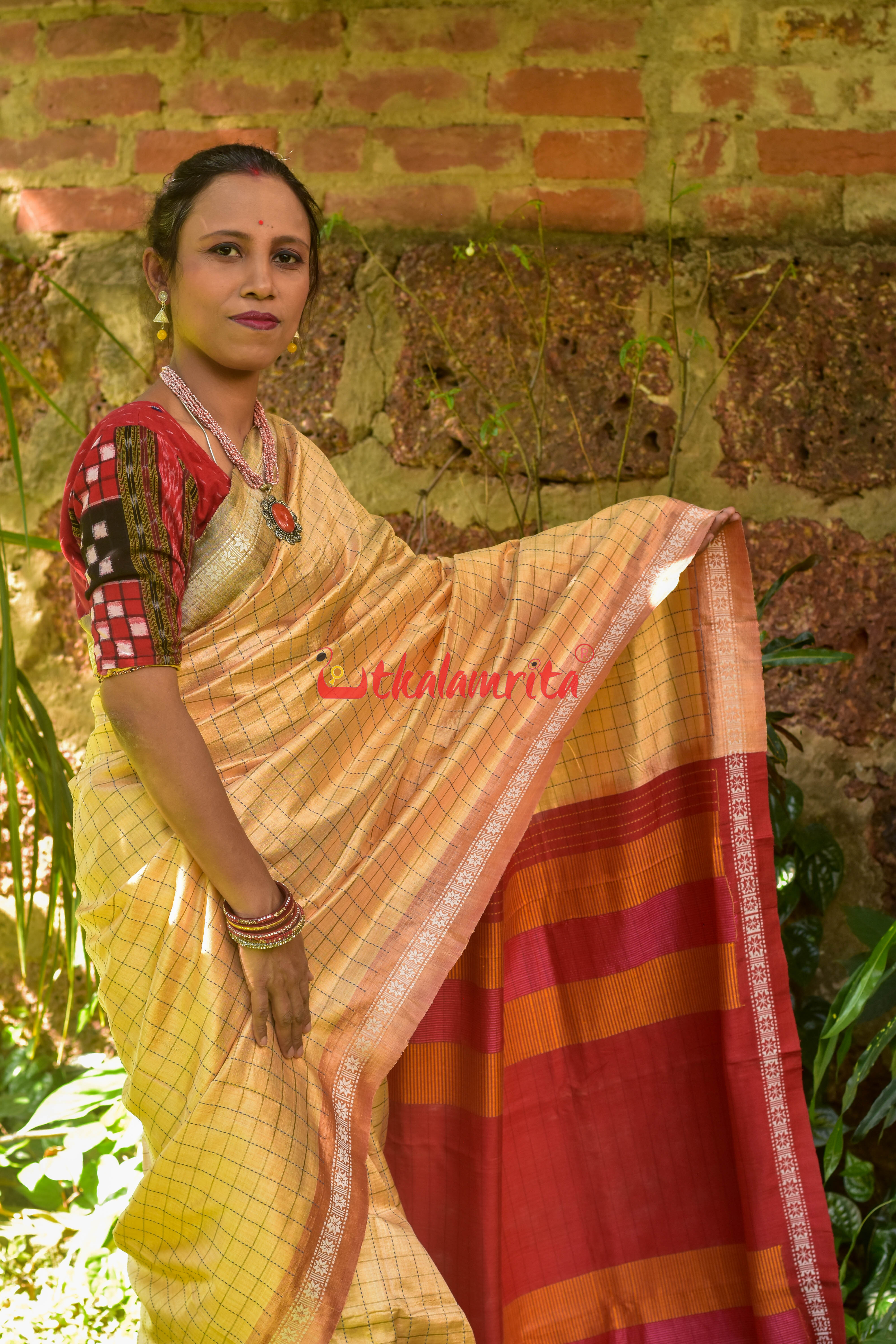 Orange Body Check And Anchal Stripes Tussar Saree