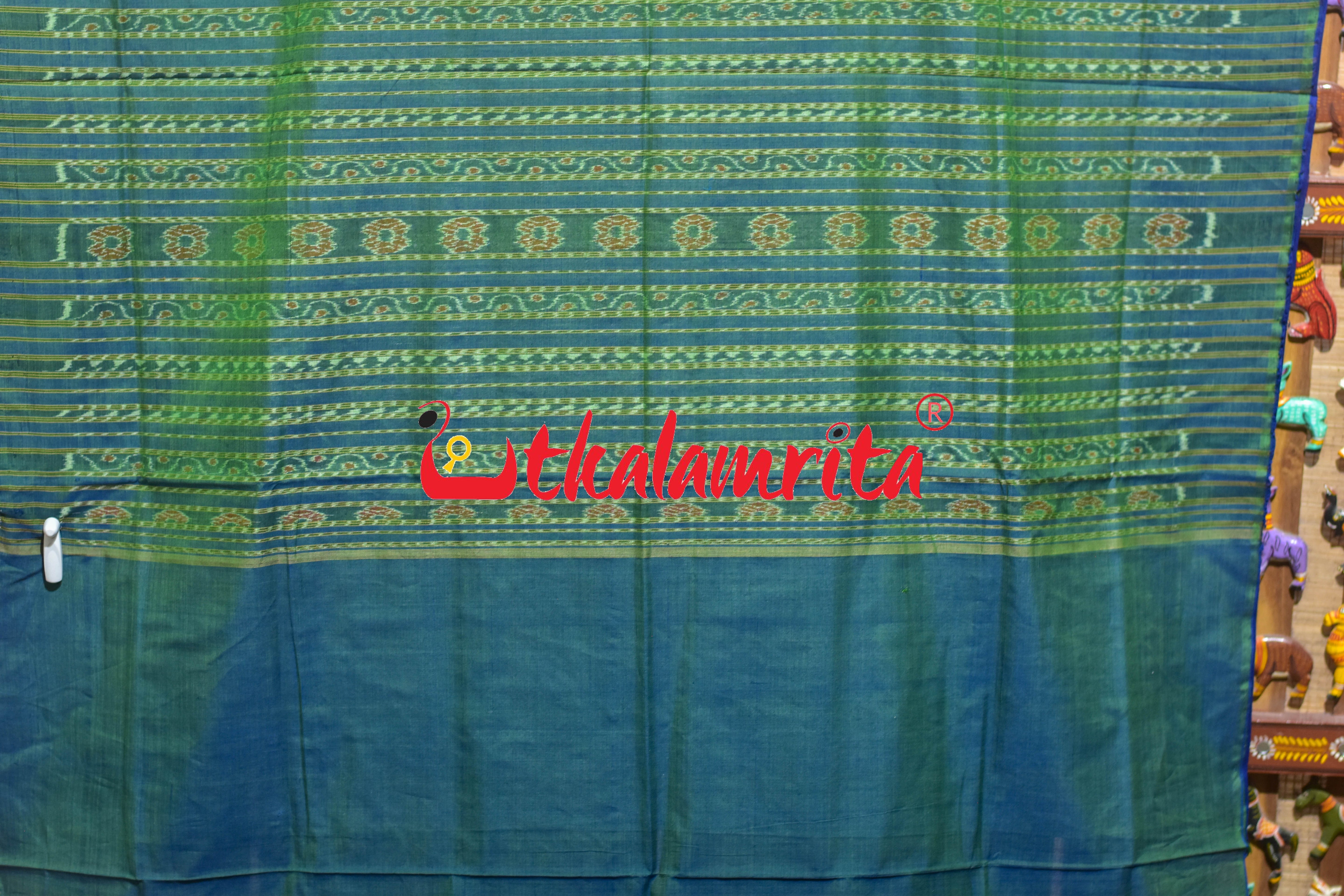 Blue Ferns over White Sambalpuri Cotton Saree