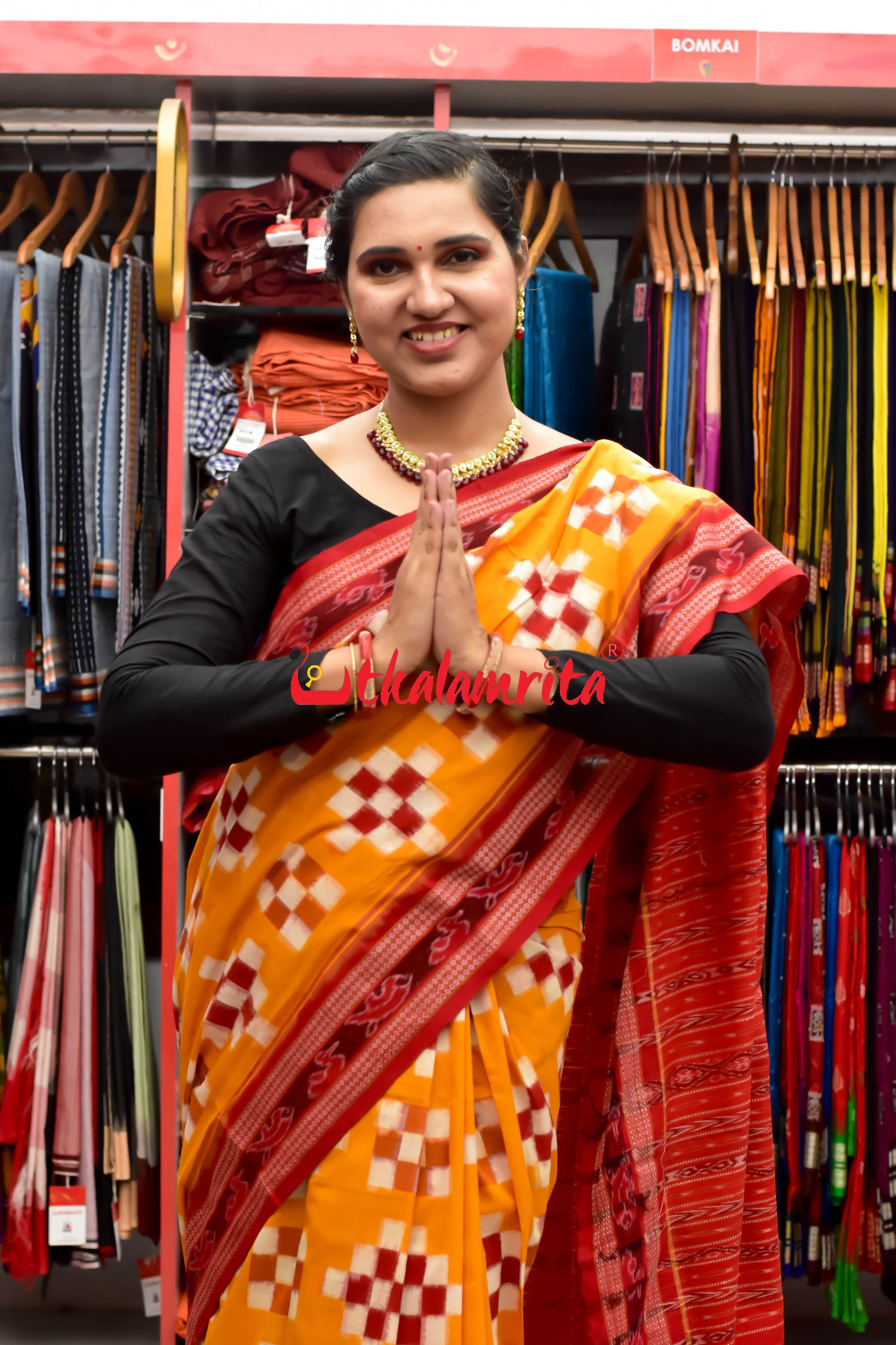 Yellow Red 7 Kuthi Pasapali Cotton Saree