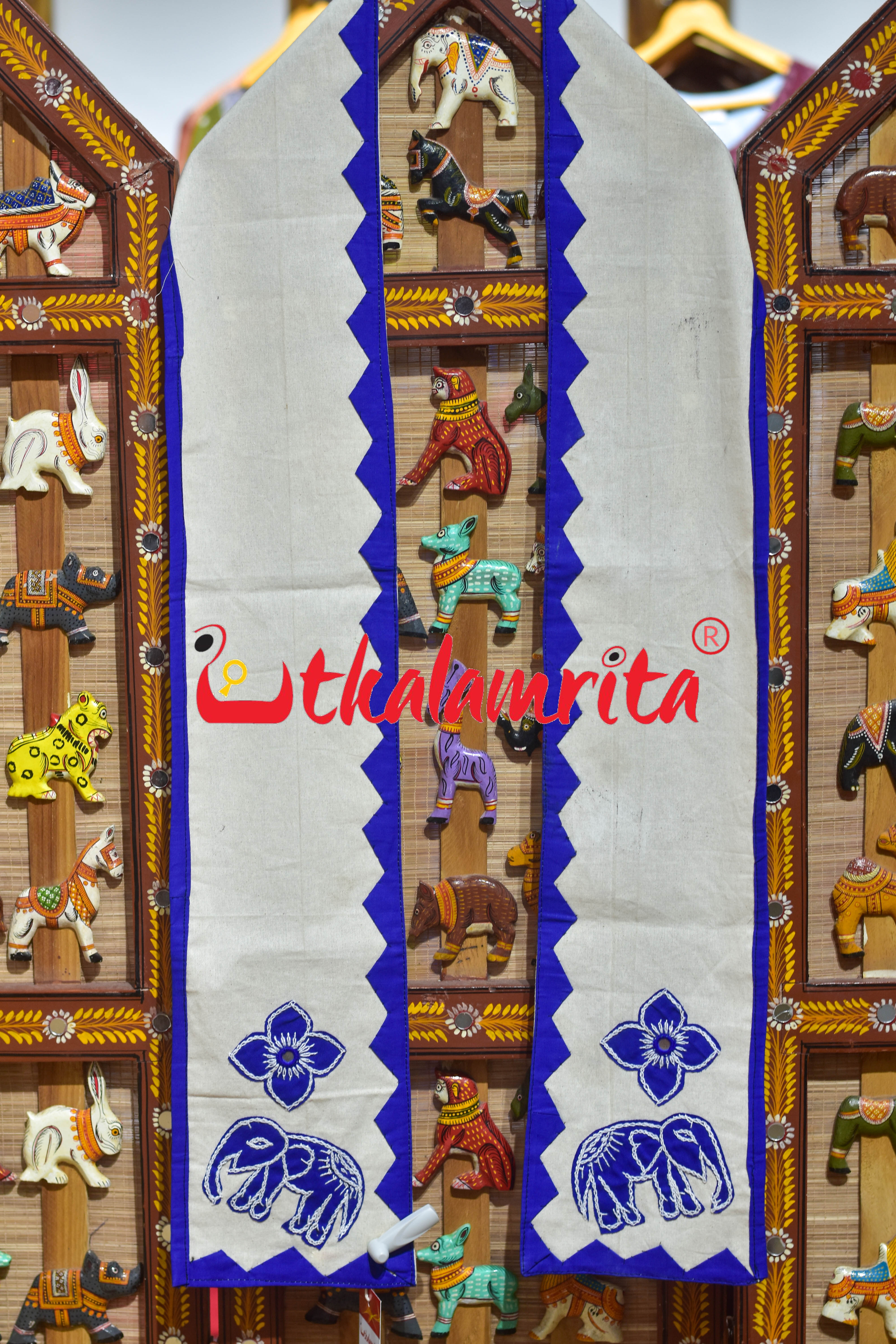 White Blue Elephant Pipli Applique Uttariya