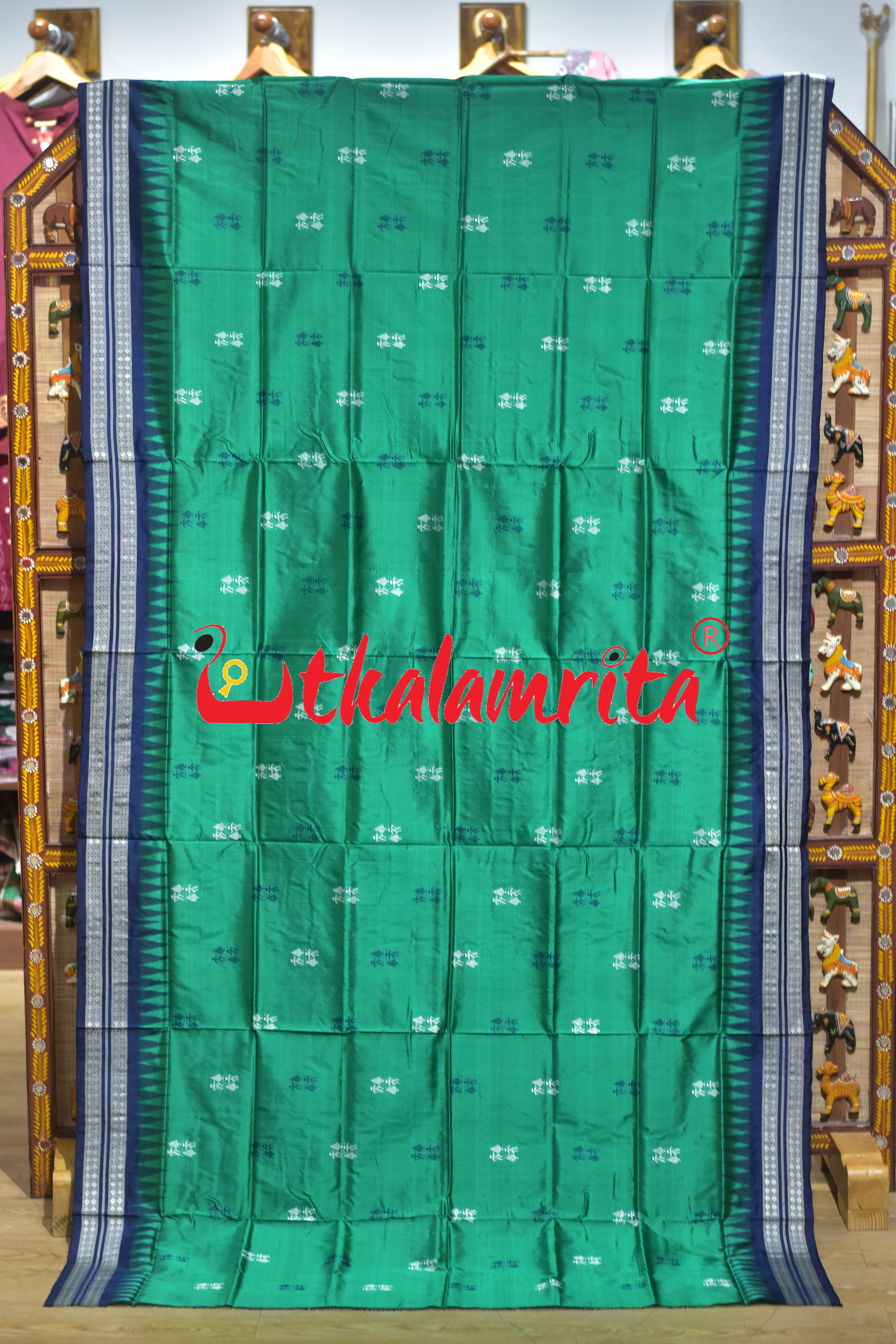 Green Blue Tribal Theme Bomkai Silk Saree
