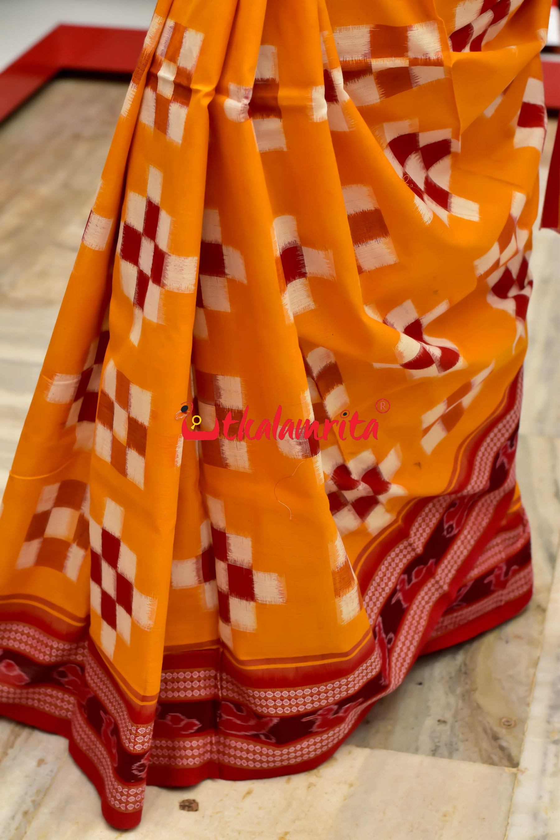 Yellow Red 7 Kuthi Pasapali Cotton Saree
