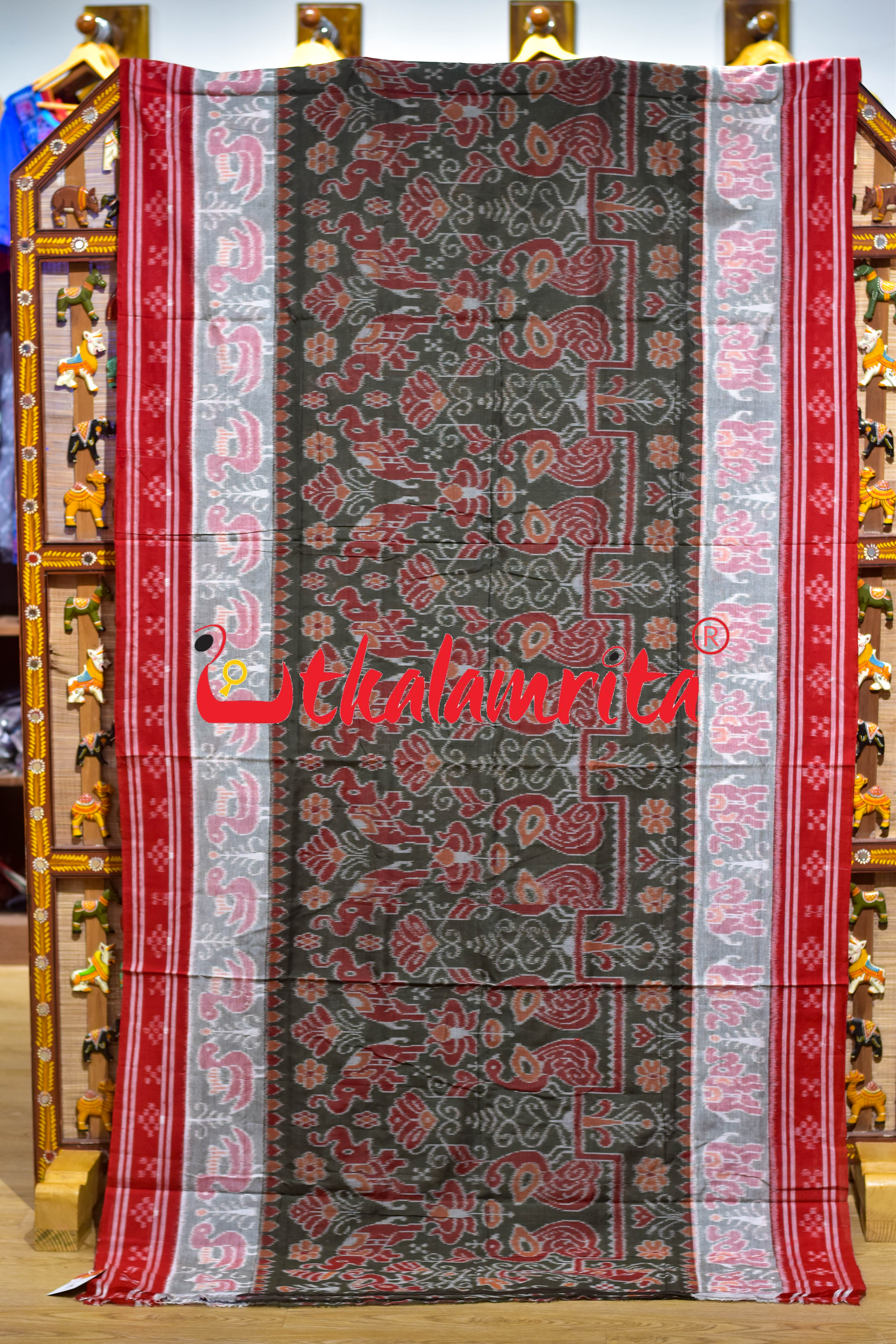 Olive Body Animal Double Border Khandua Cotton Saree