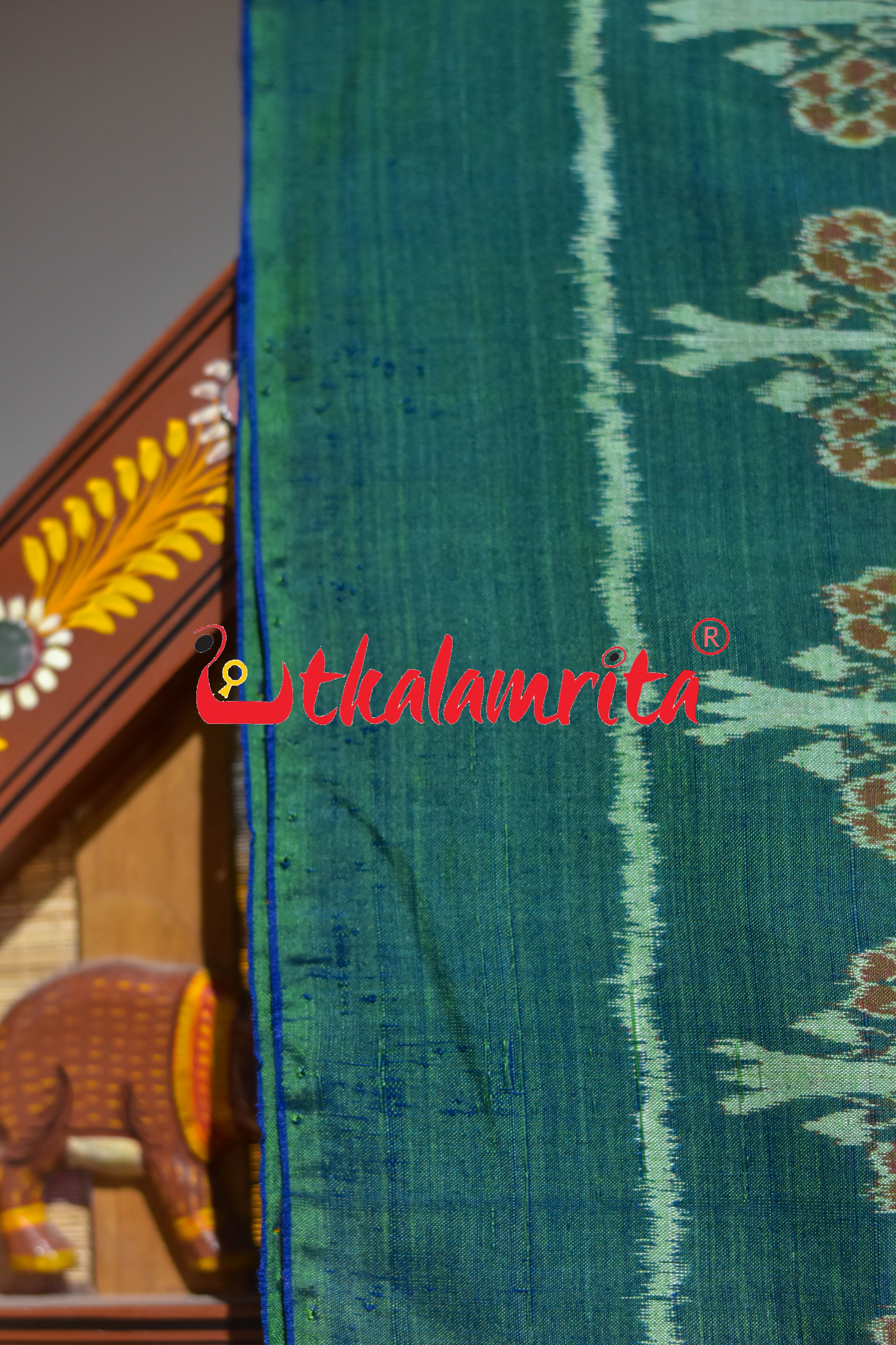 Blue Ferns over White Sambalpuri Cotton Saree