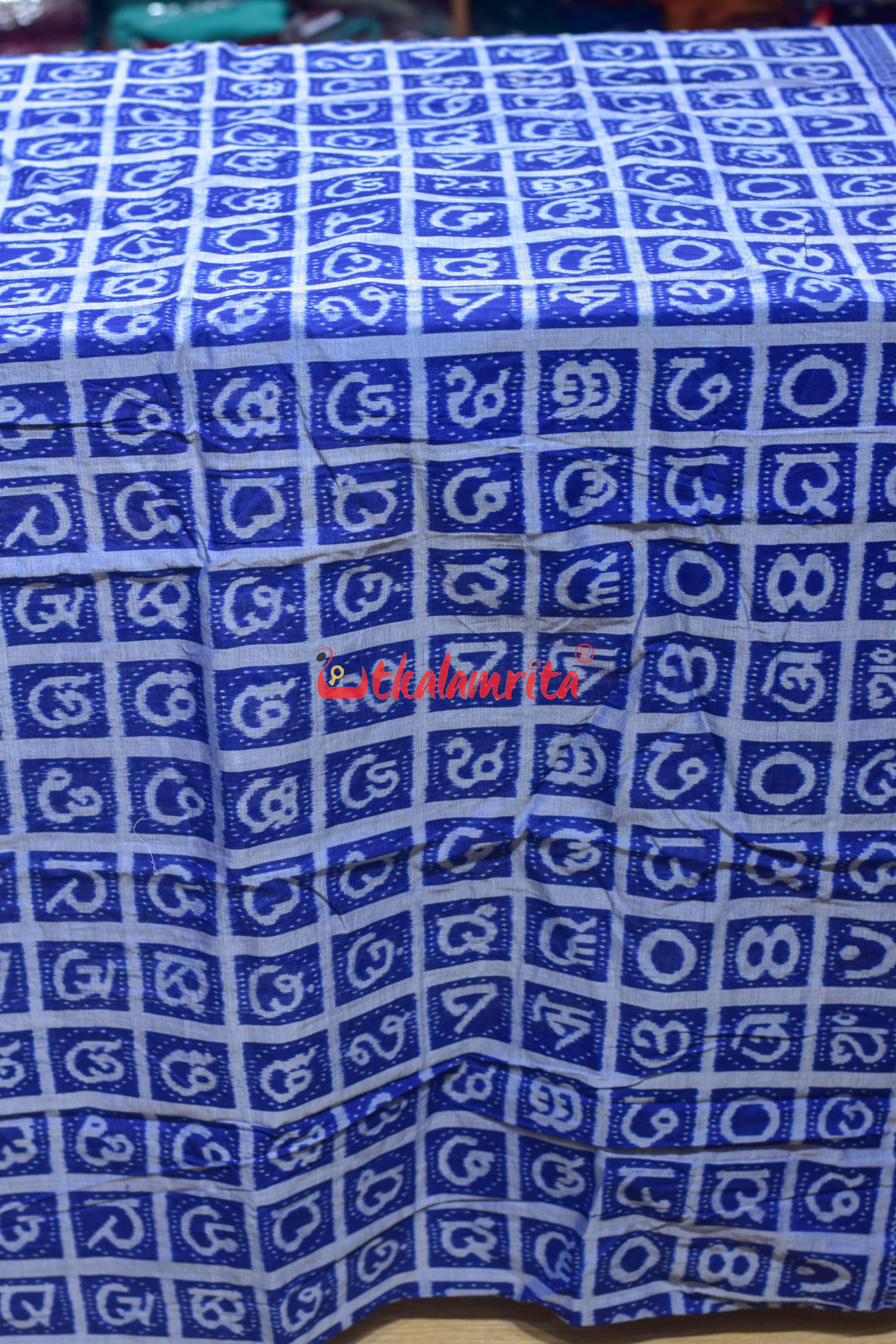 Blue Odia Alphabets Sambalpuri Cotton (Fabric)