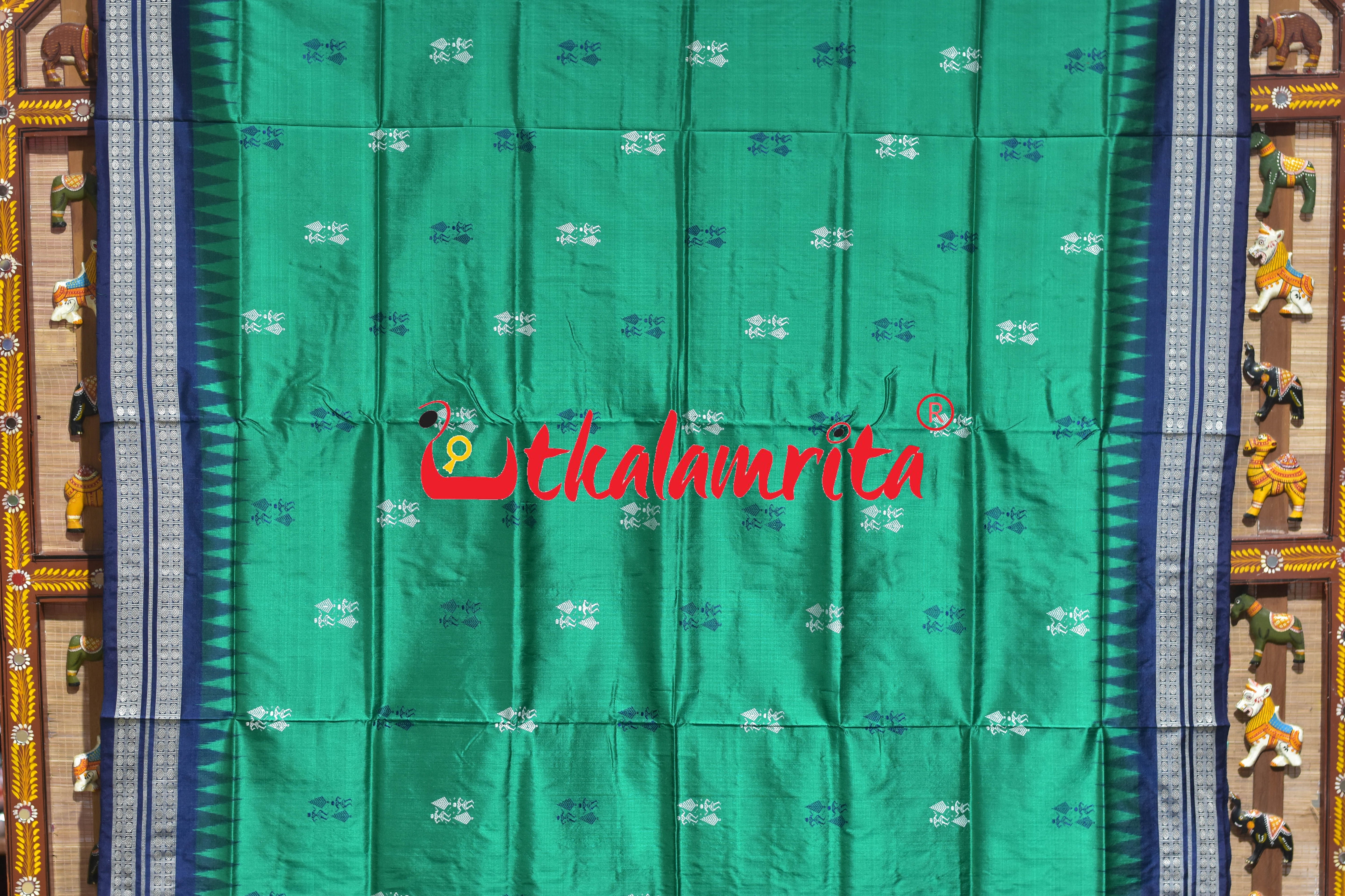 Green Blue Tribal Theme Bomkai Silk Saree