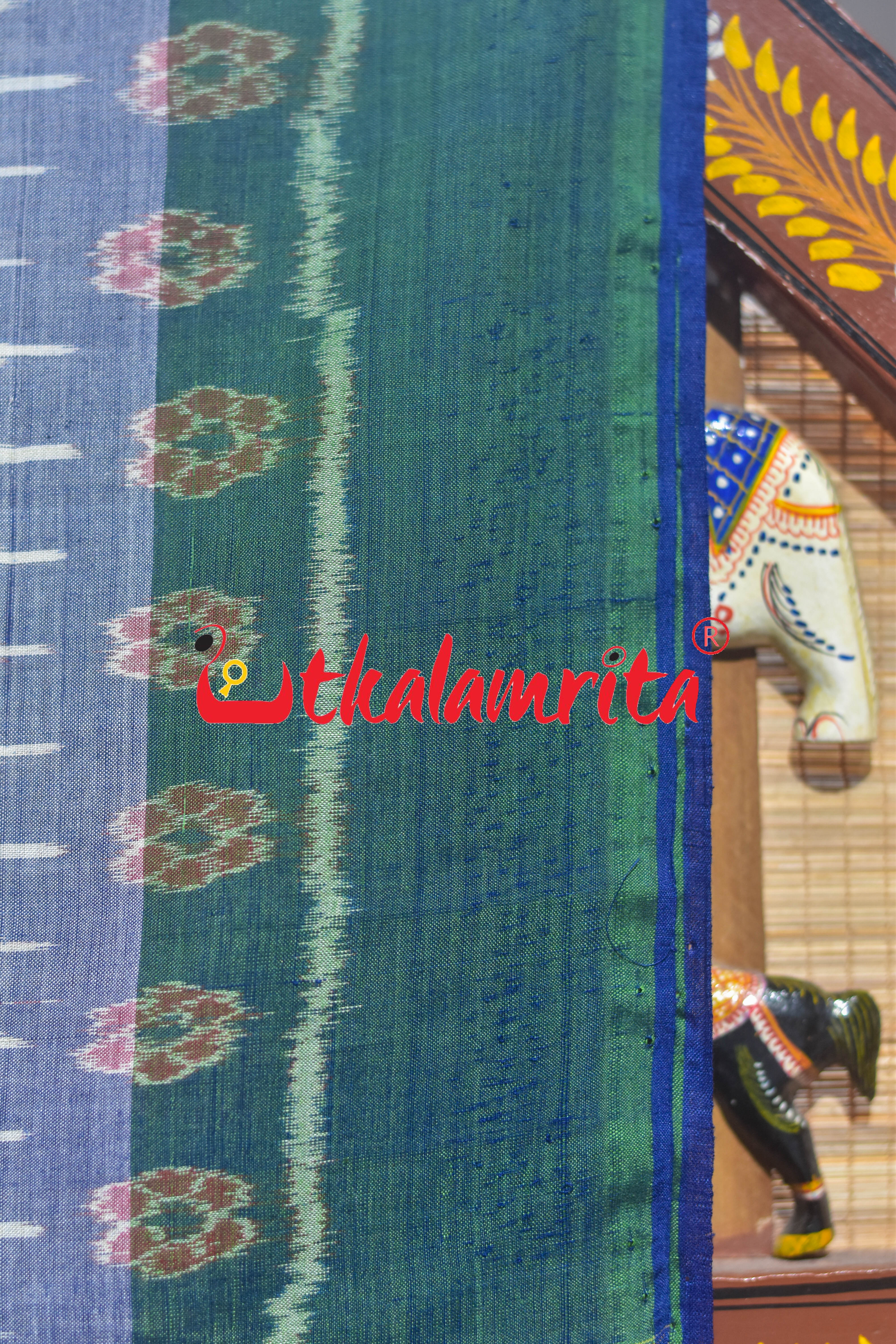 Blue Ferns over White Sambalpuri Cotton Saree