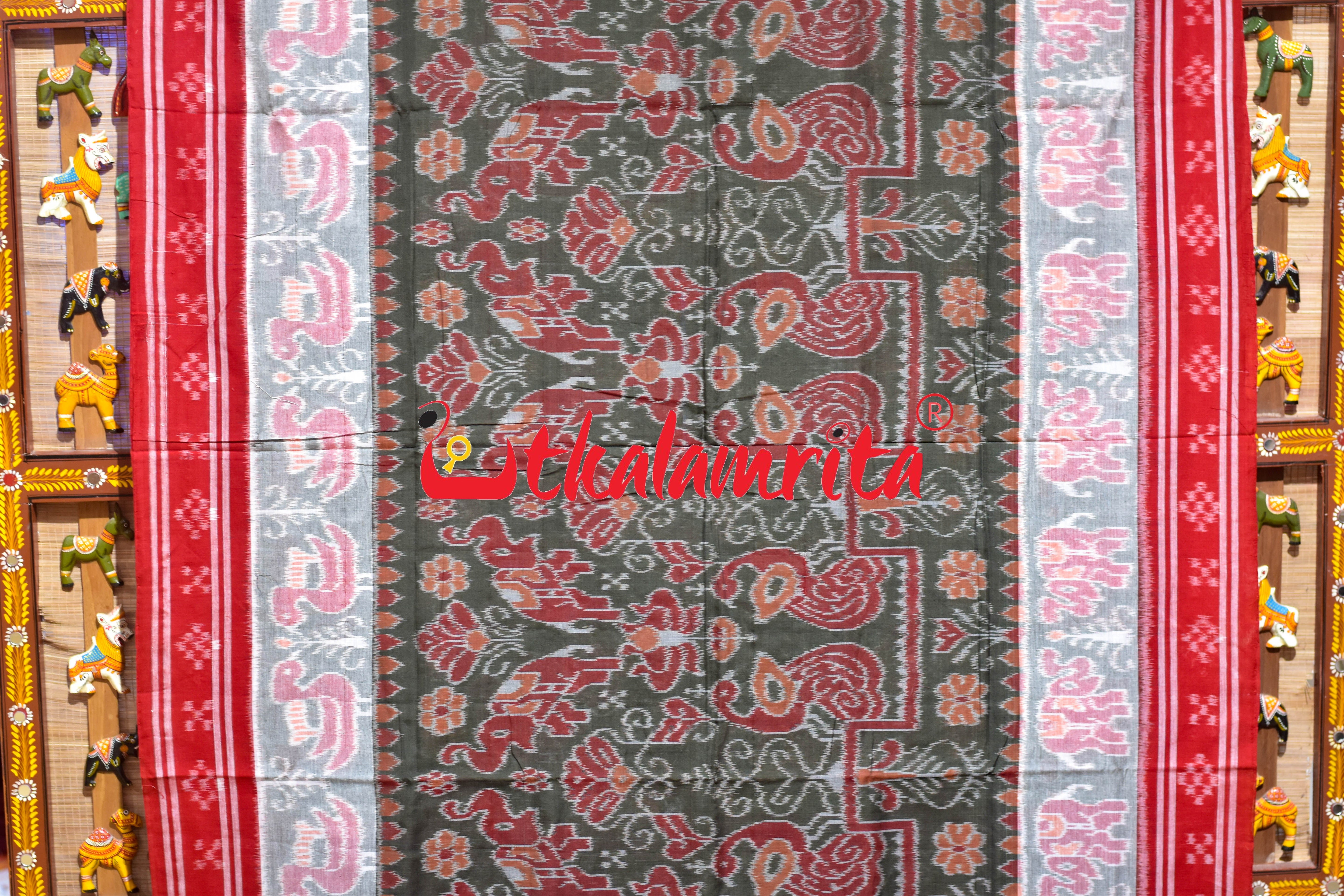 Olive Body Animal Double Border Khandua Cotton Saree