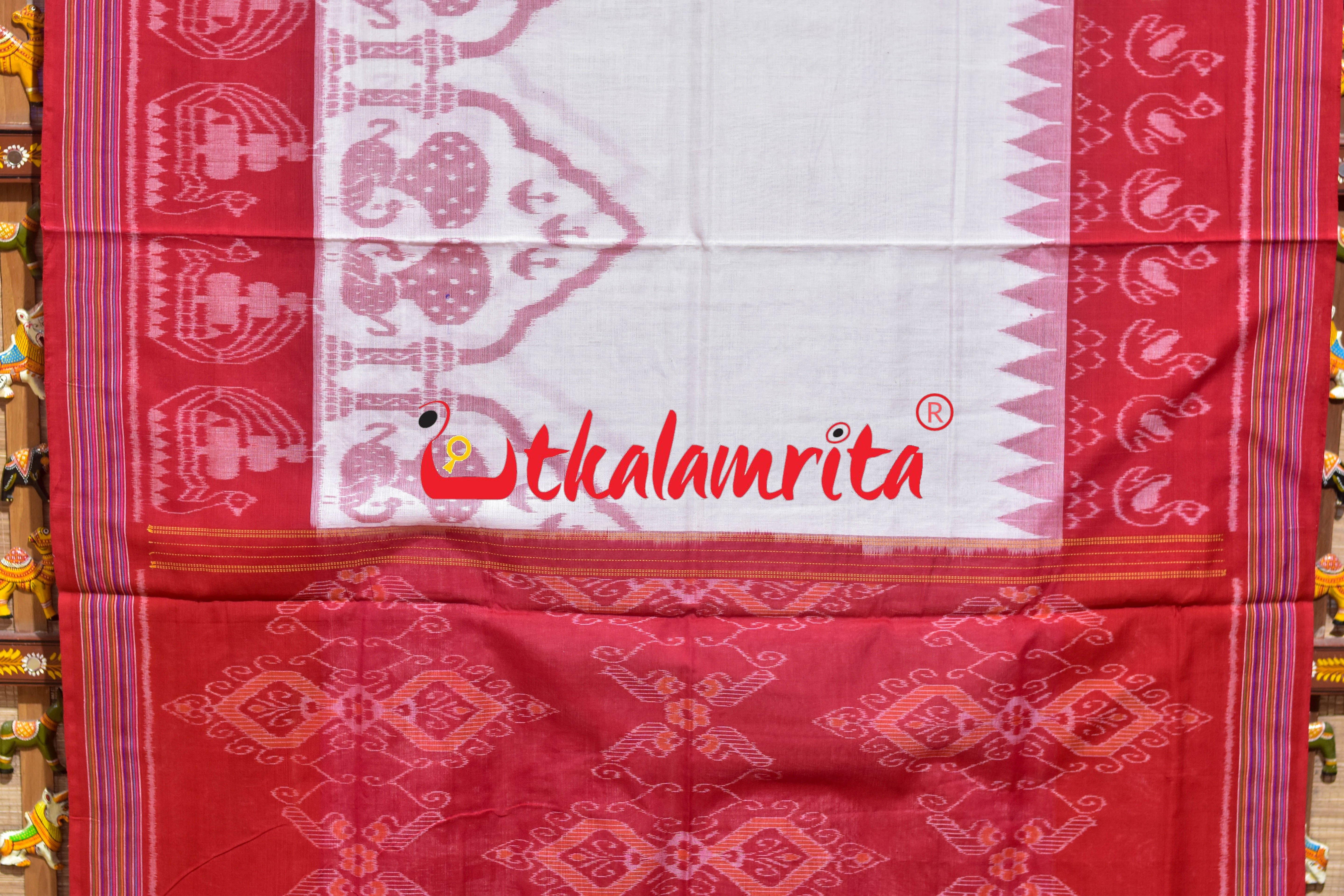 White Red Traditional Design Khandua Cotton Saree