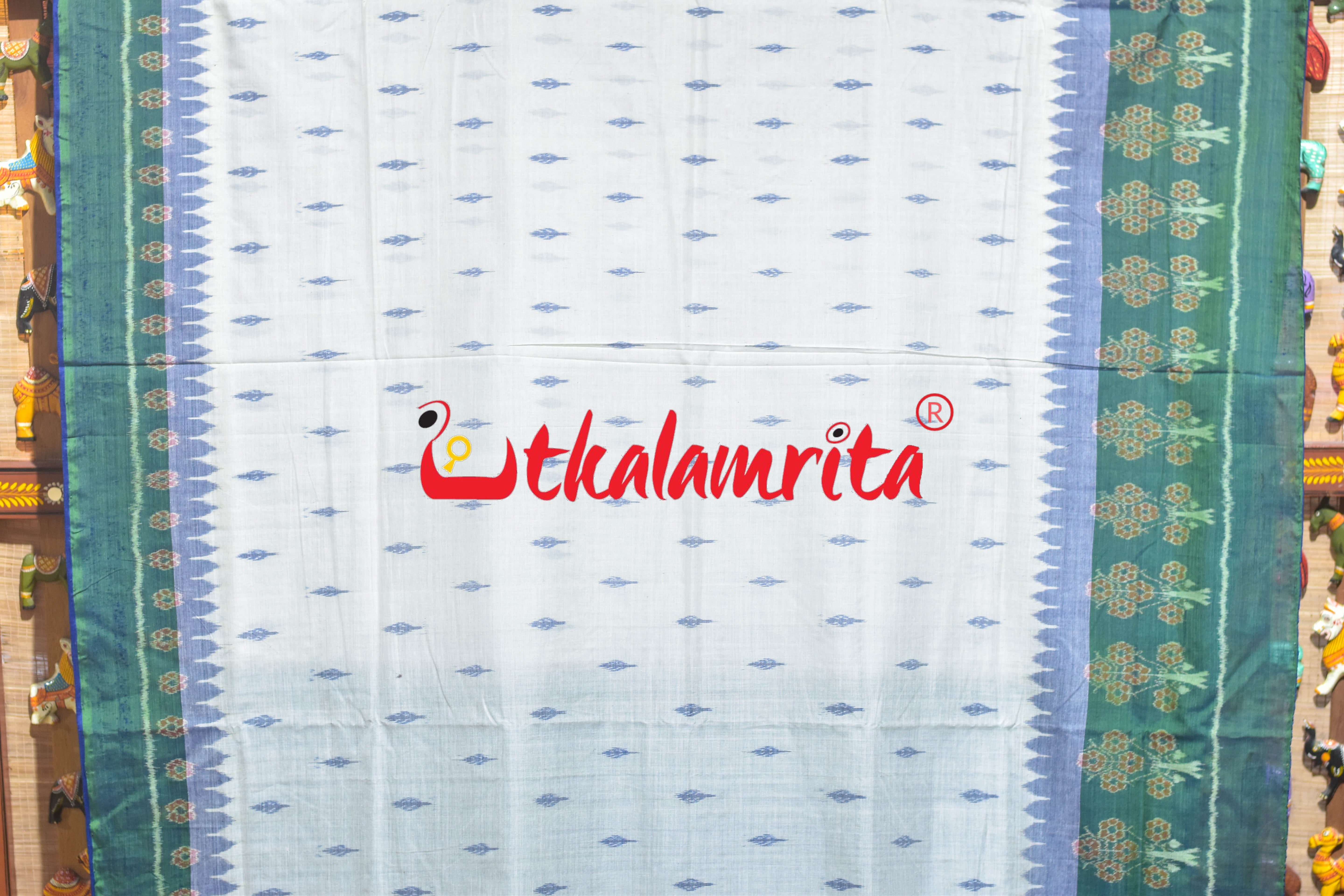 Blue Ferns over White Sambalpuri Cotton Saree