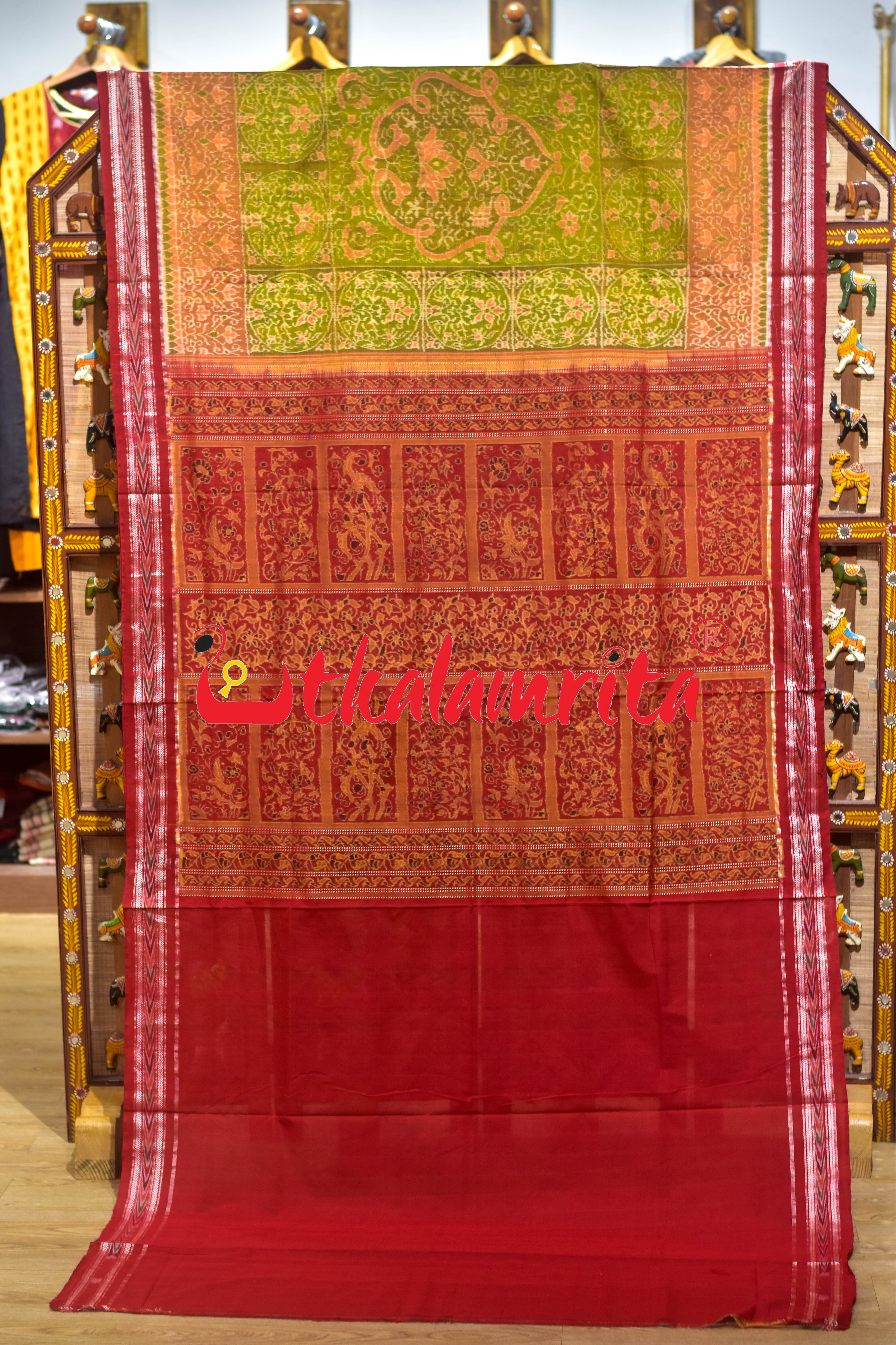 Yellow Green Red Ganjappa Cards Sambalpuri Cotton Saree