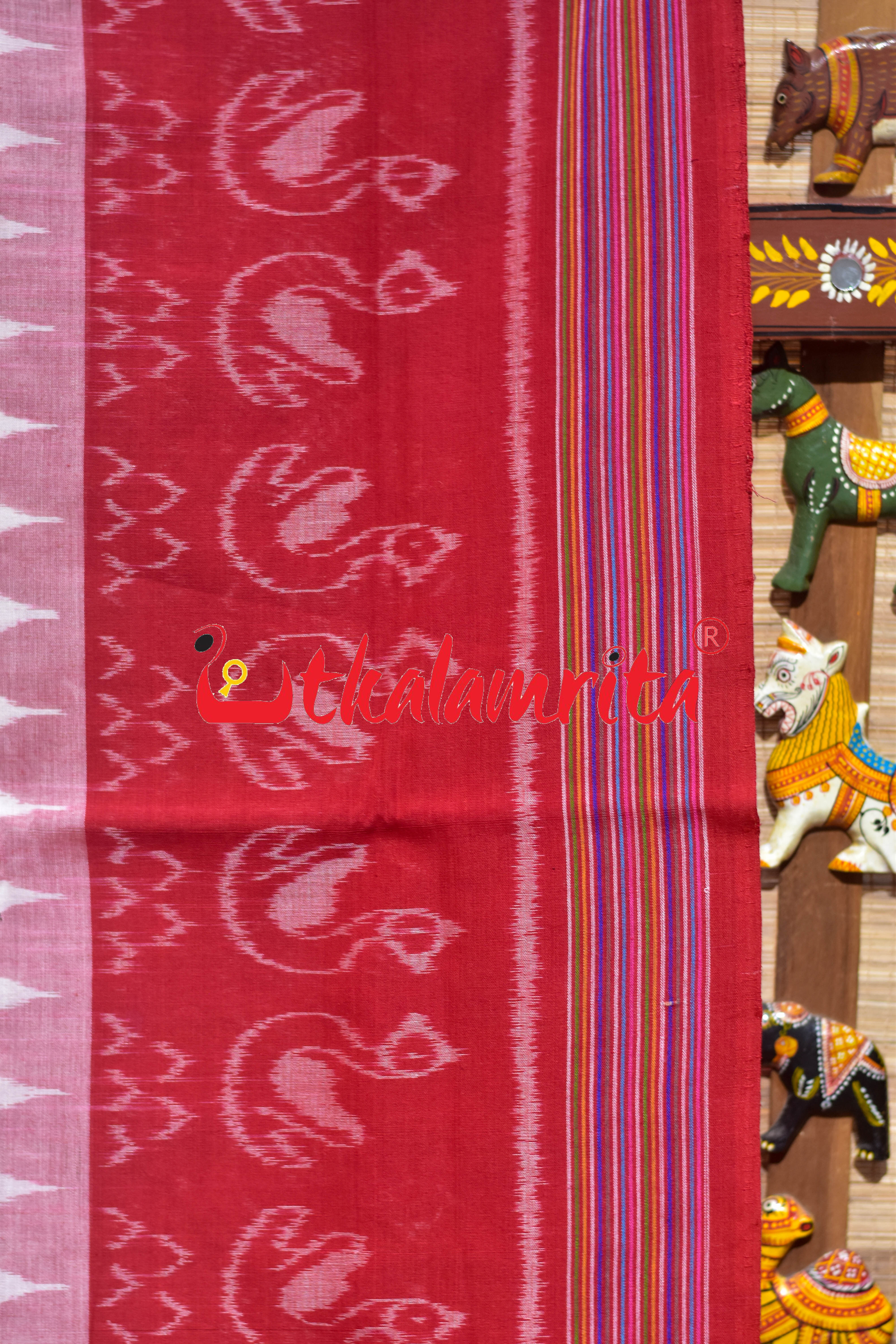 White Red Traditional Design Khandua Cotton Saree