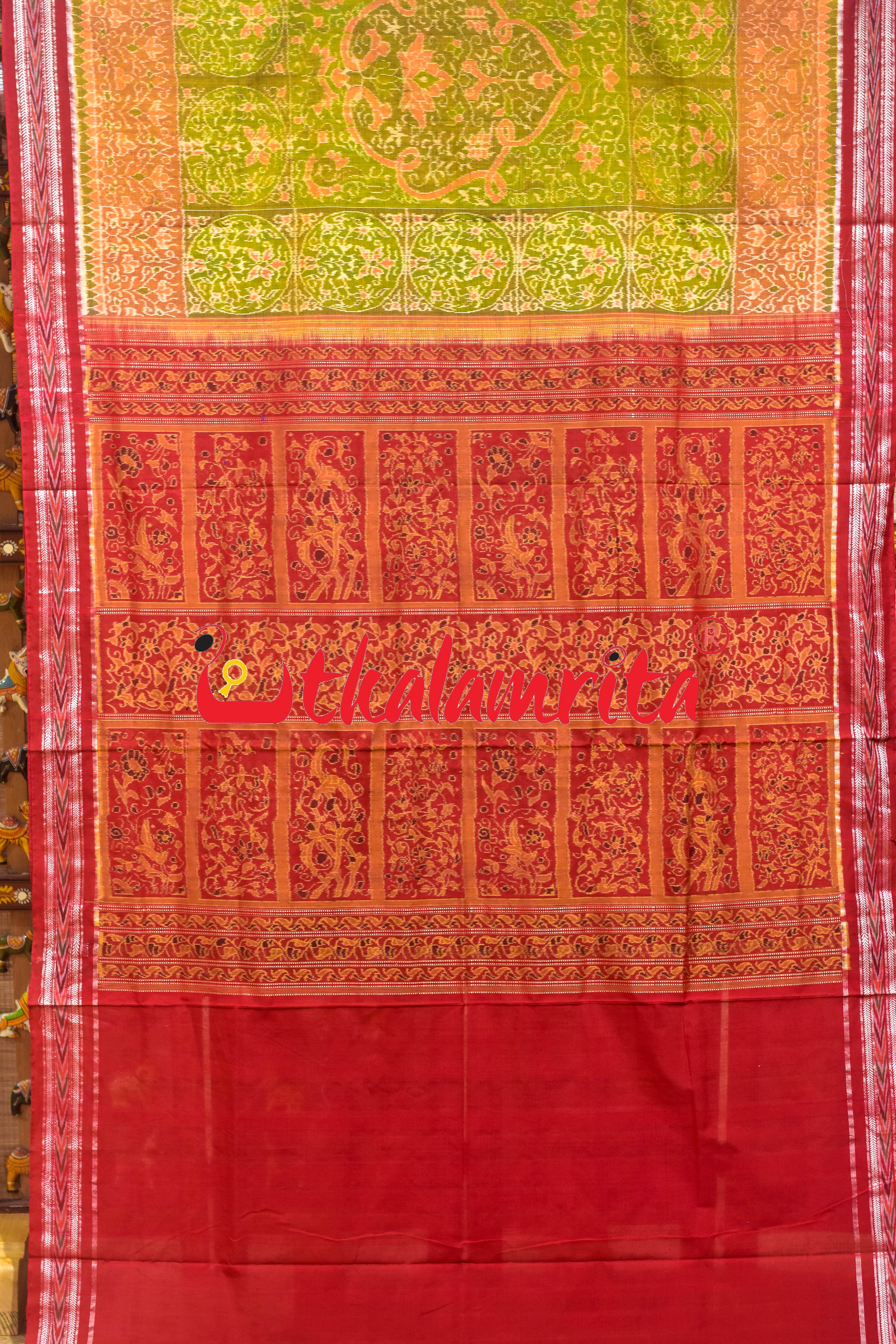 Yellow Green Red Ganjappa Cards Sambalpuri Cotton Saree