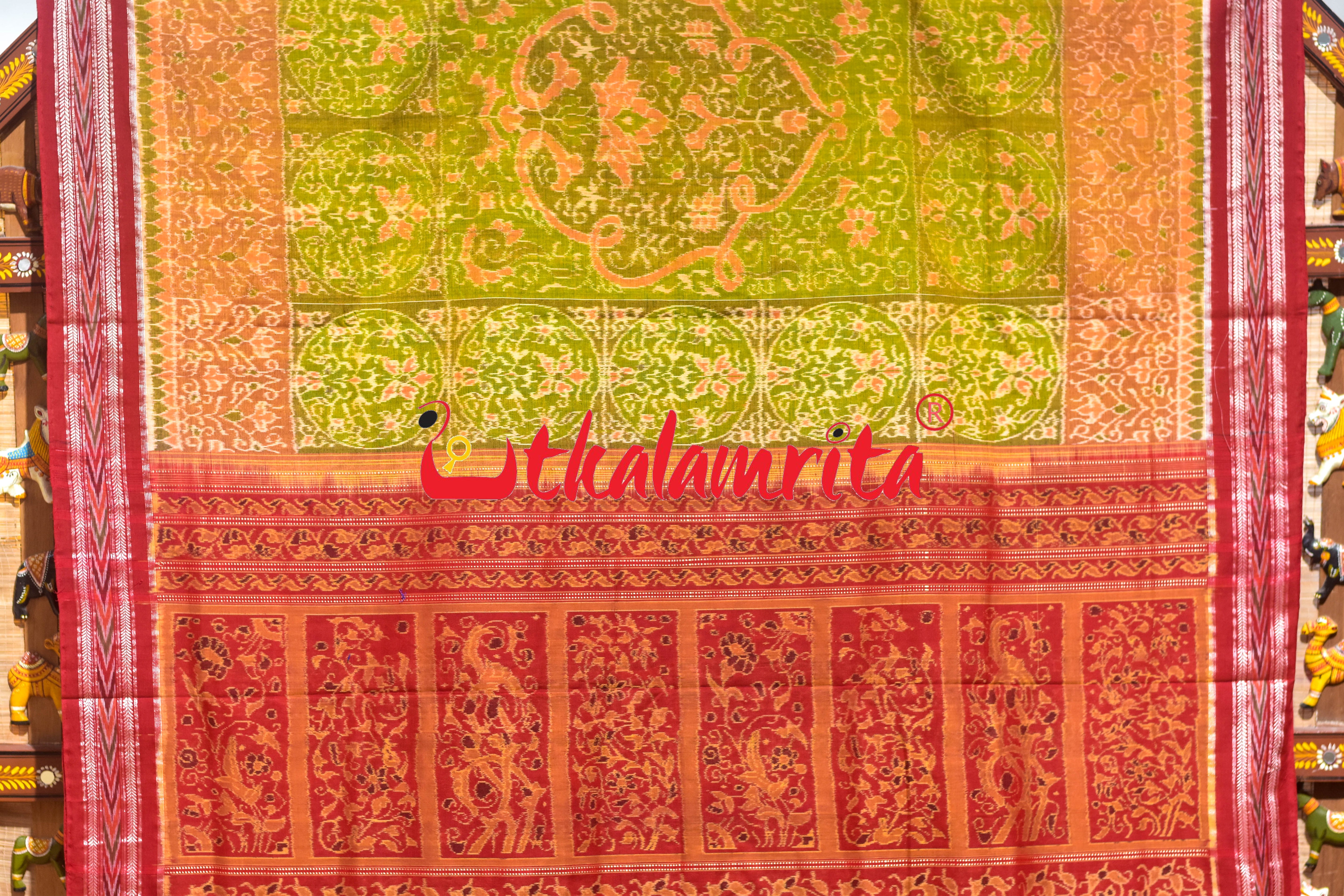 Yellow Green Red Ganjappa Cards Sambalpuri Cotton Saree