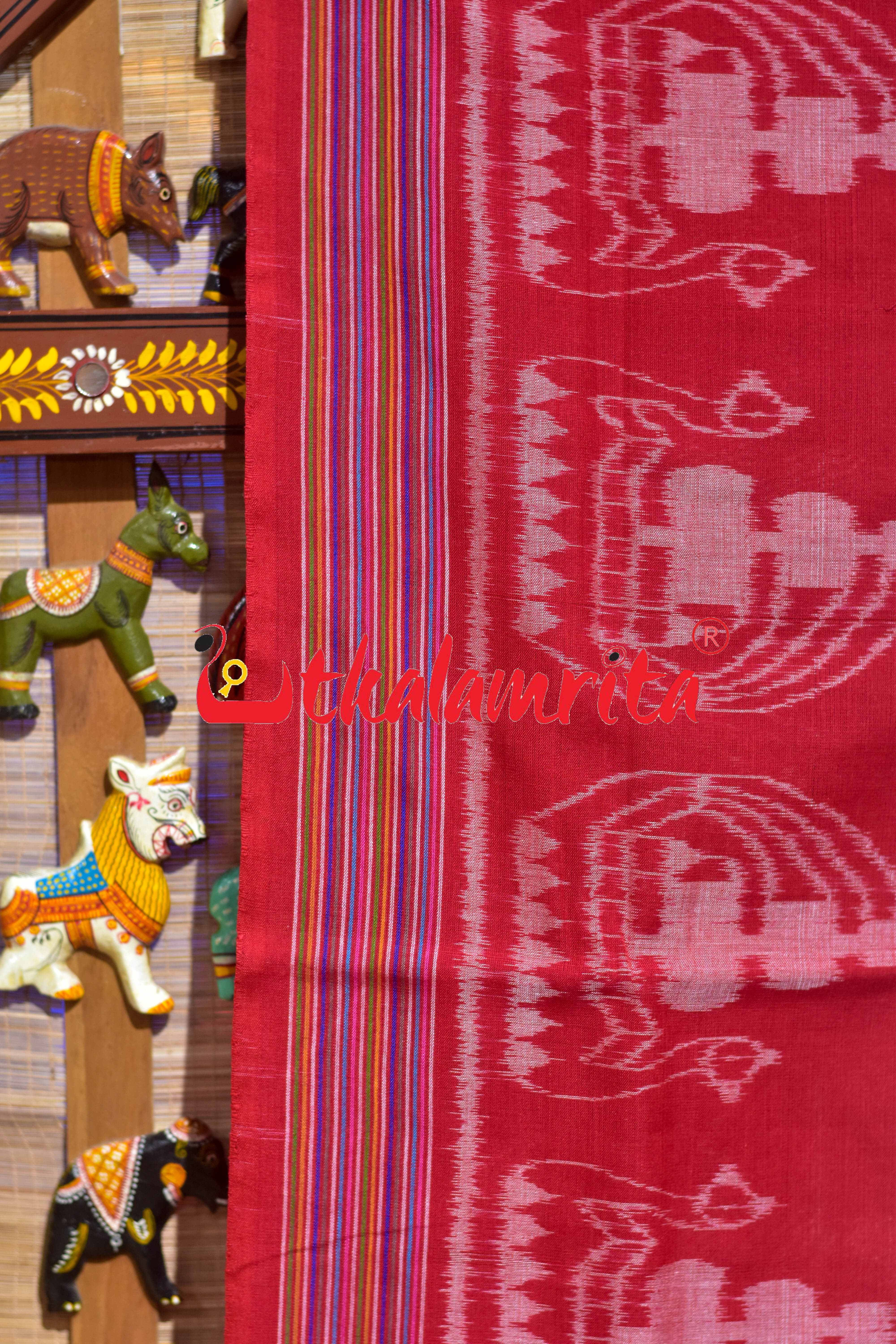 White Red Traditional Design Khandua Cotton Saree