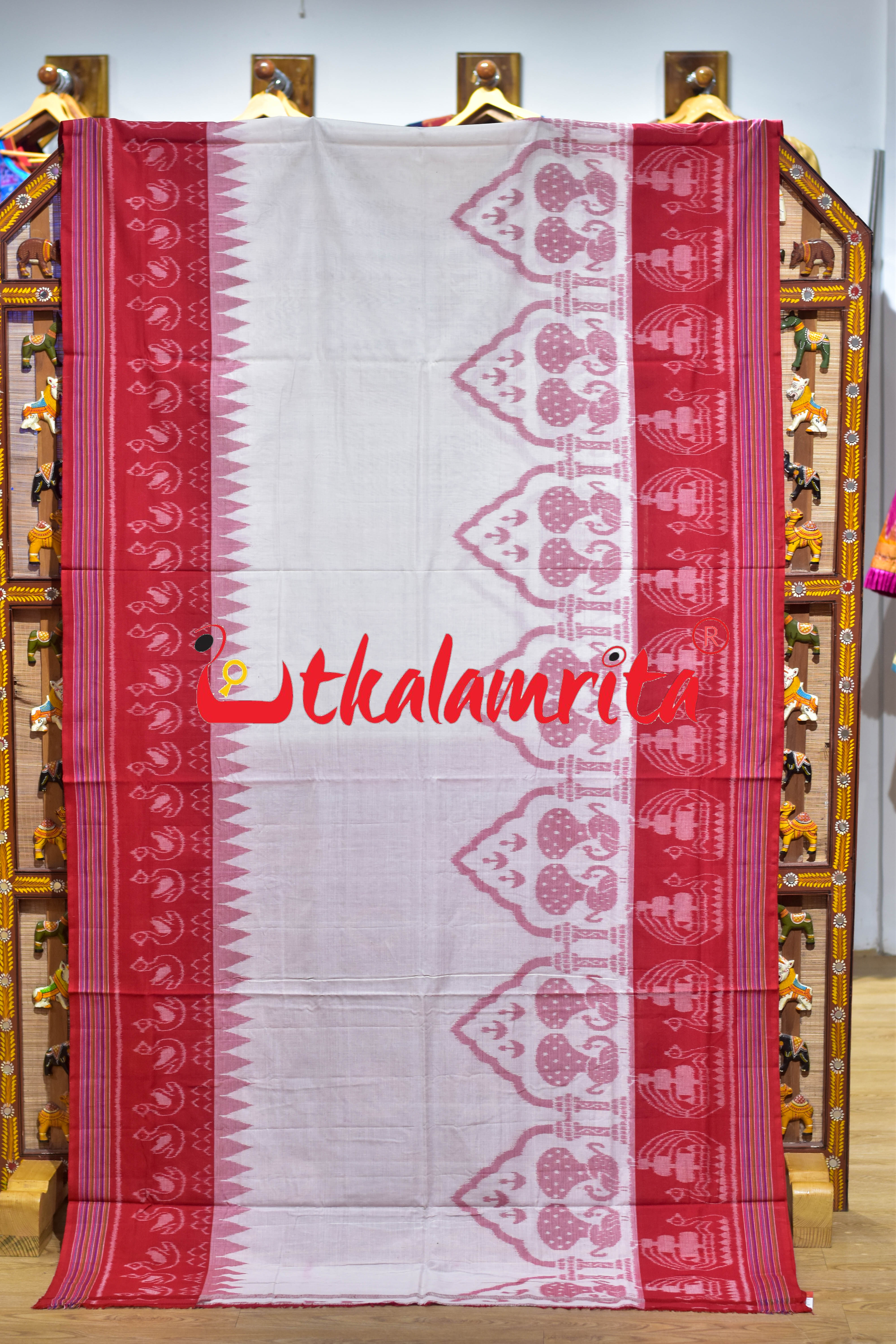 White Red Traditional Design Khandua Cotton Saree
