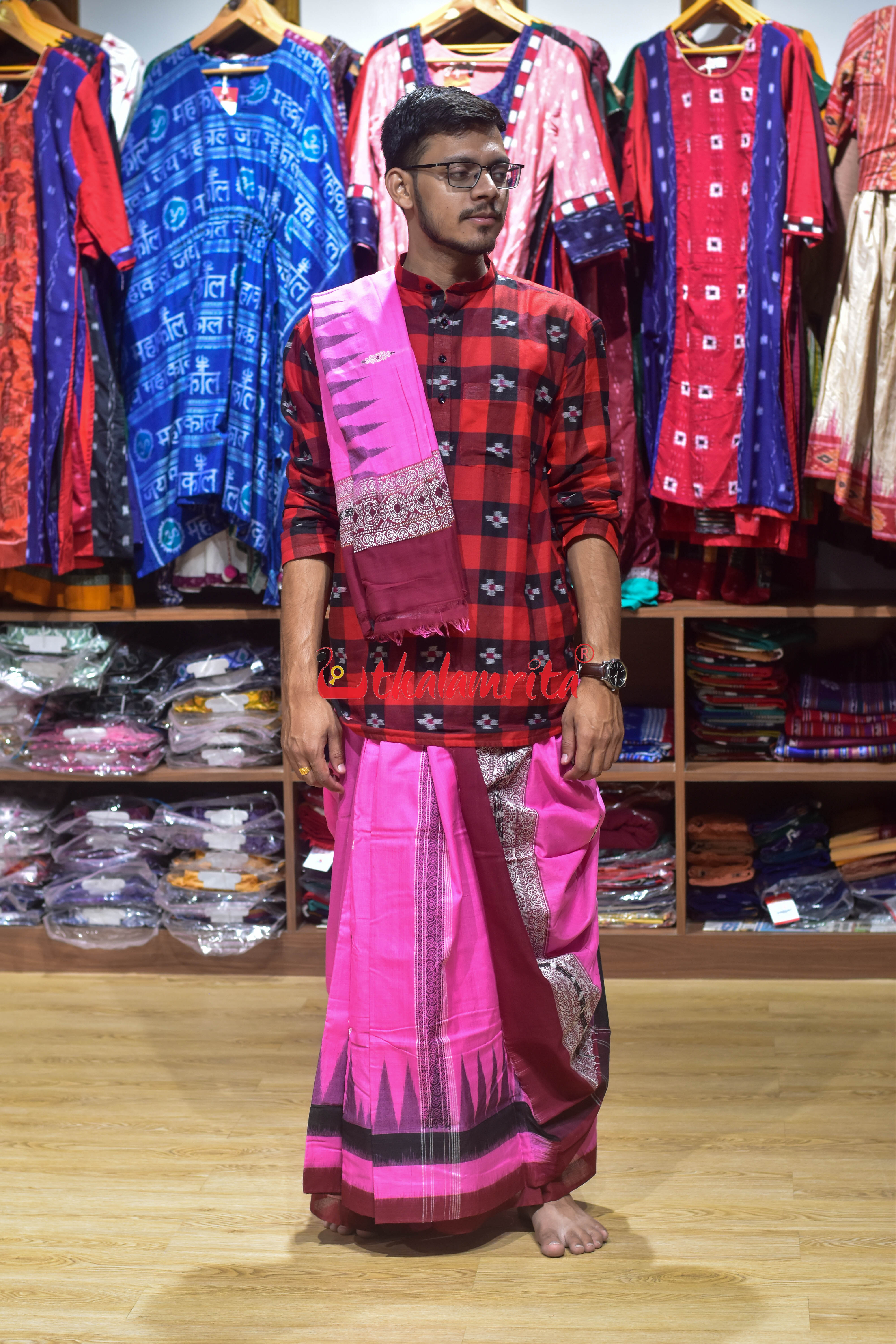 Pink Maroon Flower Bomkai Cotton Joda