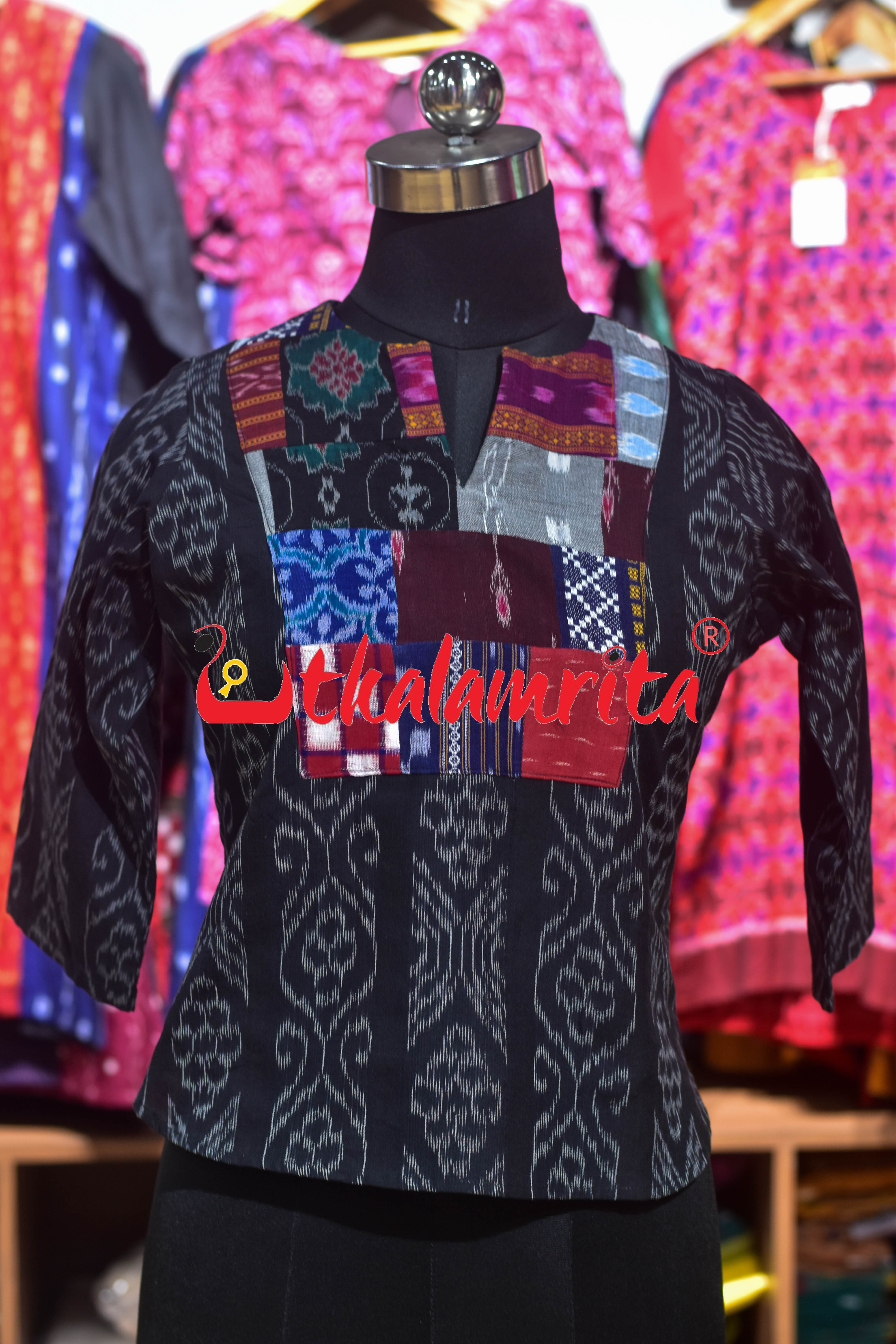 Flower Bandha on Black (Ladies' Full Sleeveles Crop Top)