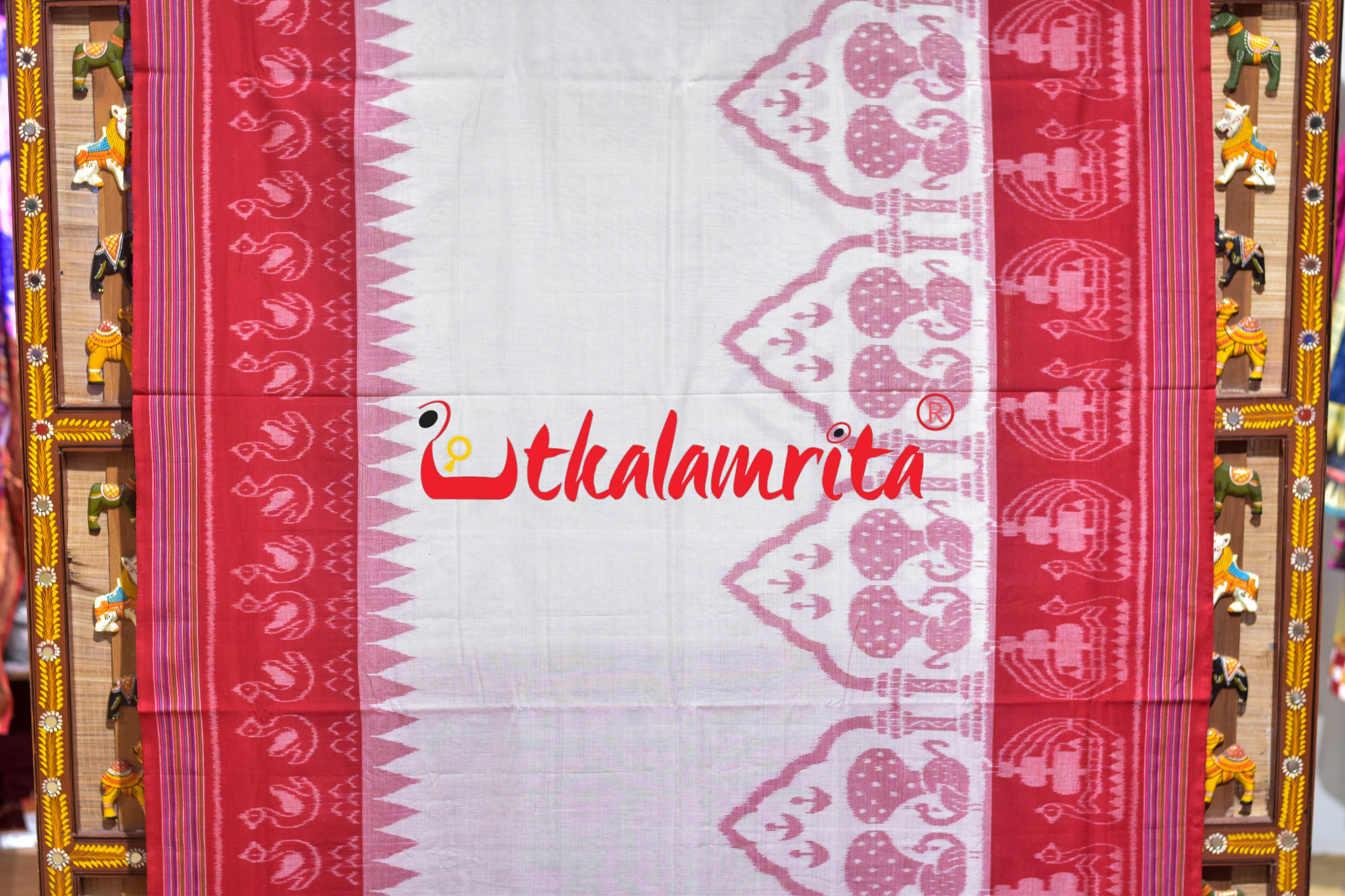 White Red Traditional Design Khandua Cotton Saree