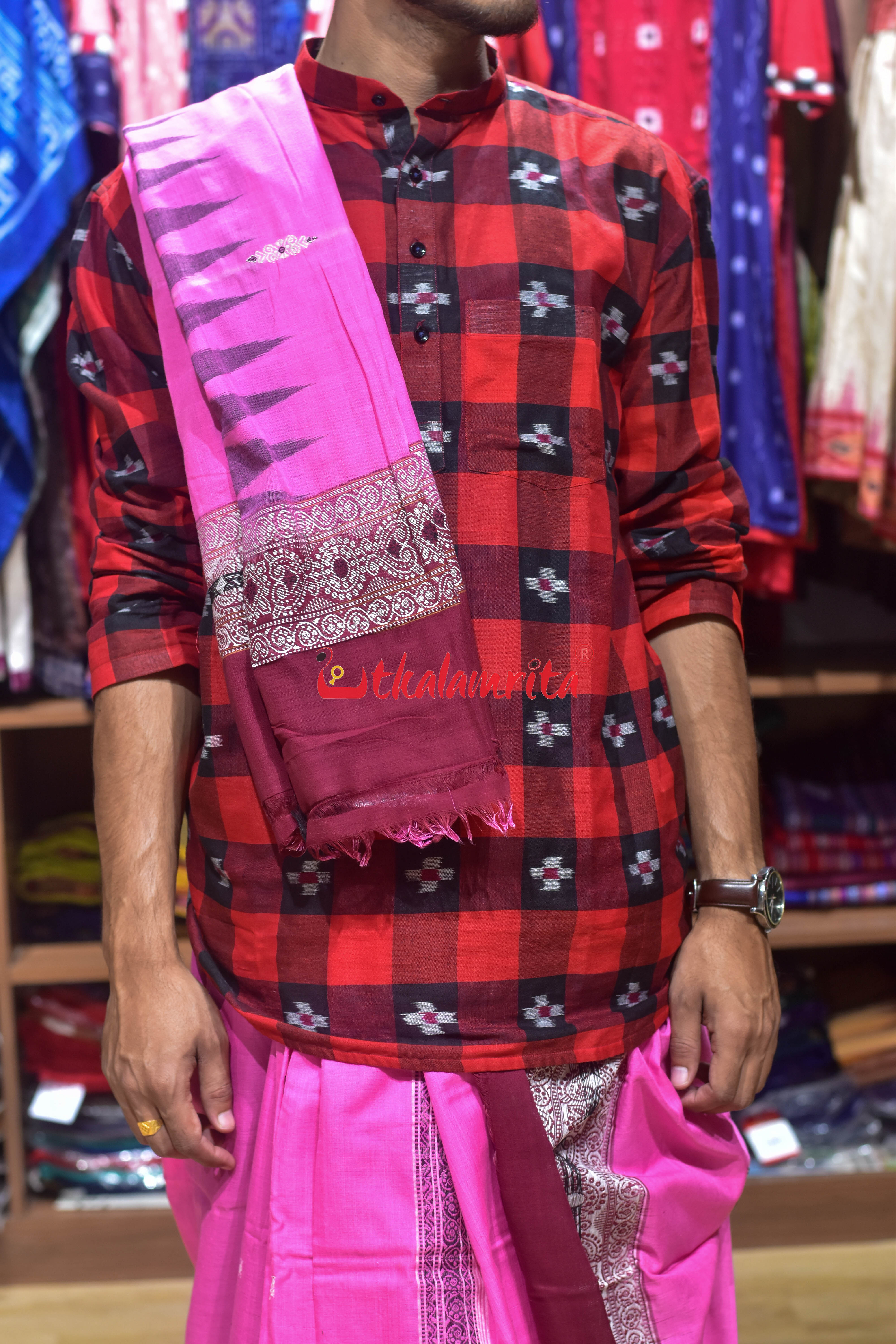 Pink Maroon Flower Bomkai Cotton Joda