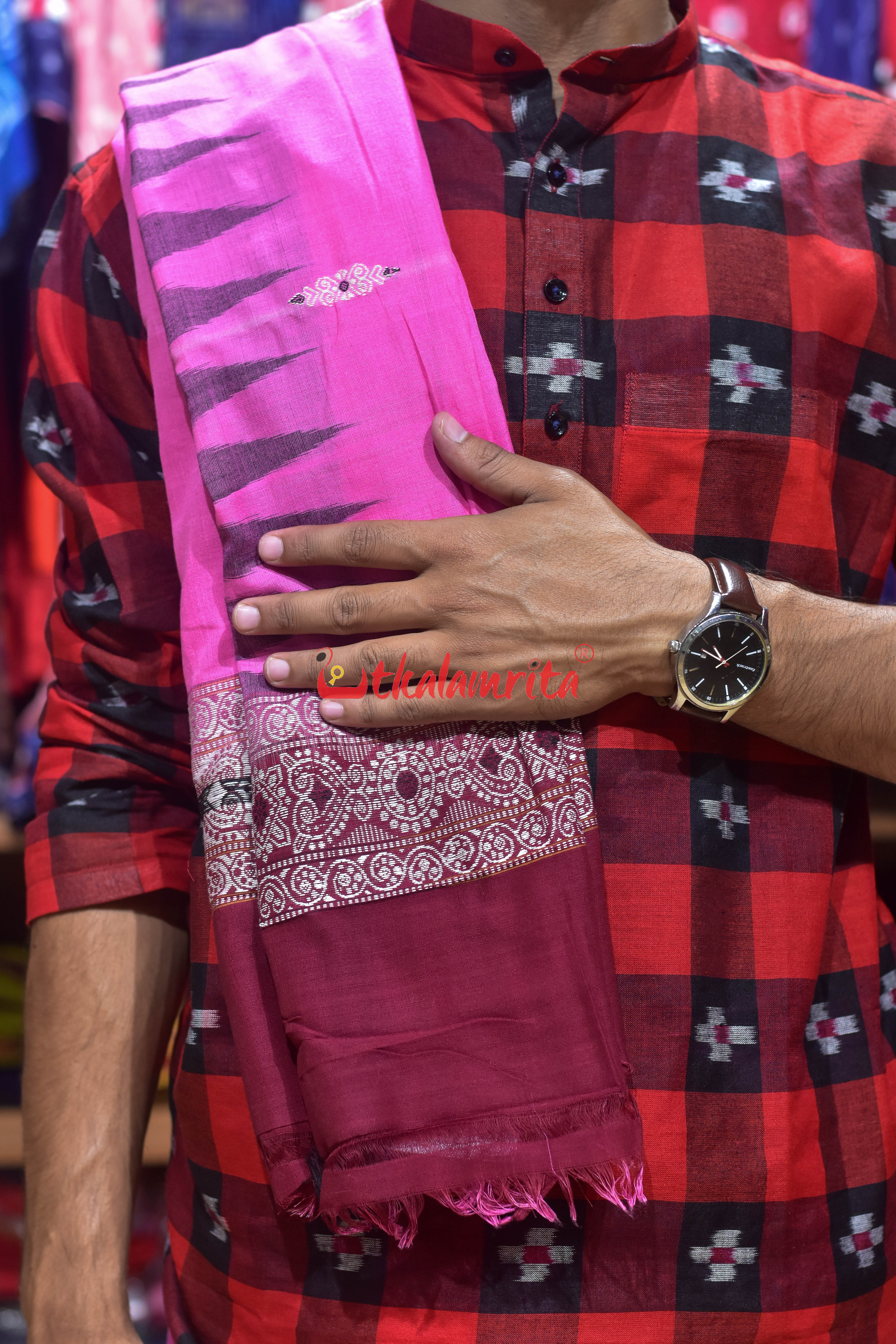 Pink Maroon Flower Bomkai Cotton Joda